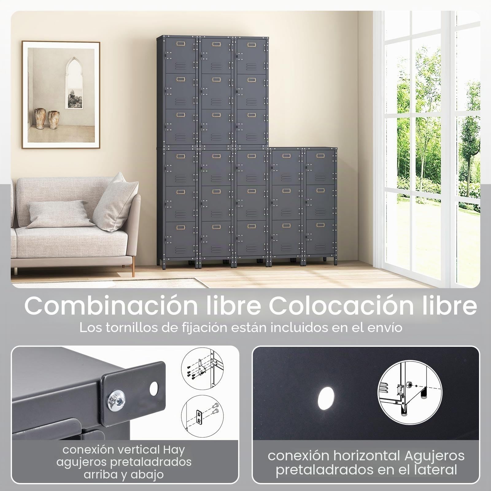 GOPLUS Armario de metal para oficina con 3 armarios con cerradura, taquilla de metal con patas ajustables y protección antivuelco, taquilla de oficina para casa, oficina y taller