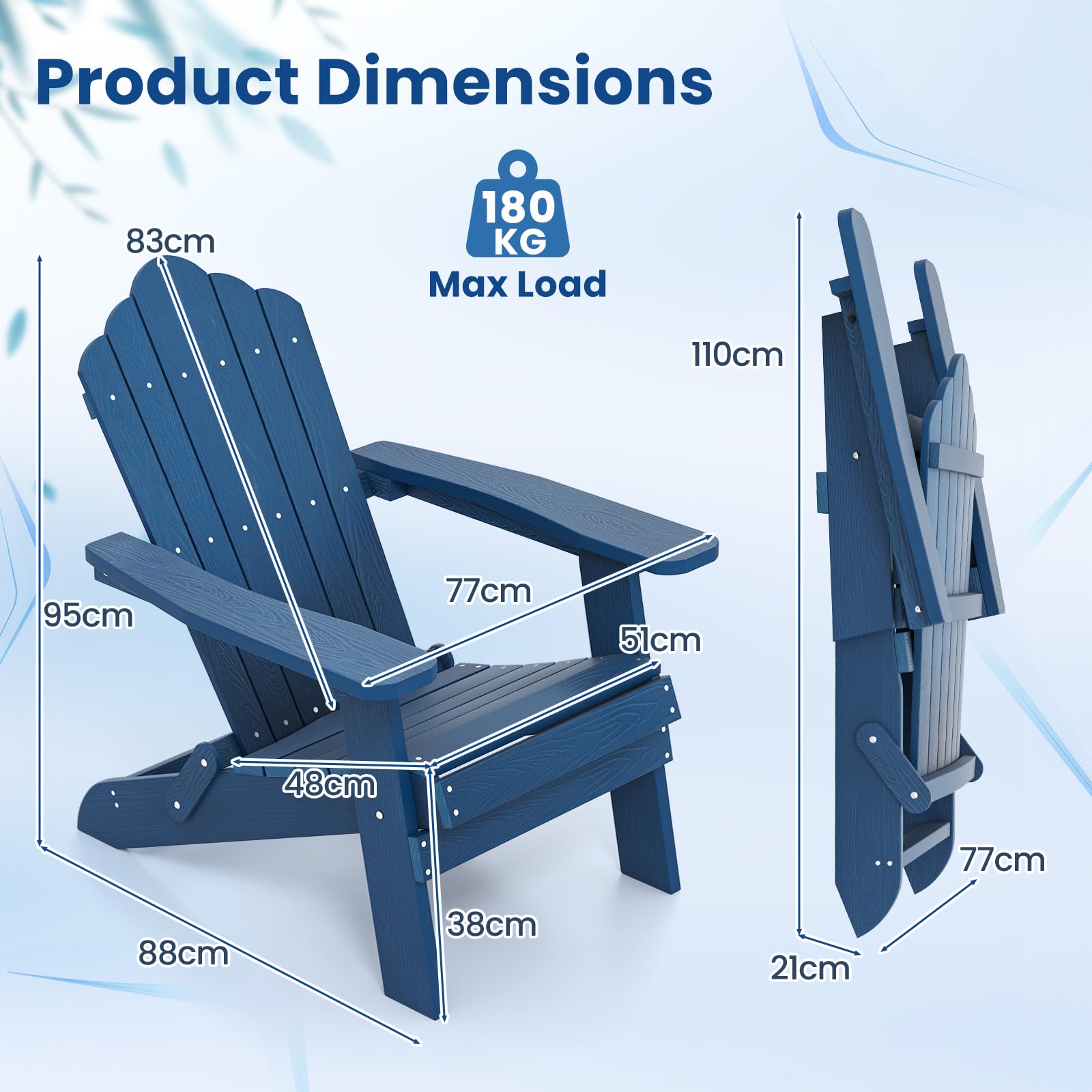 GIANTEX Silla Adirondack Plegable de Jardín, Respaldo Inclinado y Reposabrazos Anchos, Carga hasta 180 kg, Silla de Relax para Jardín, Patio, Balcón (Azul)