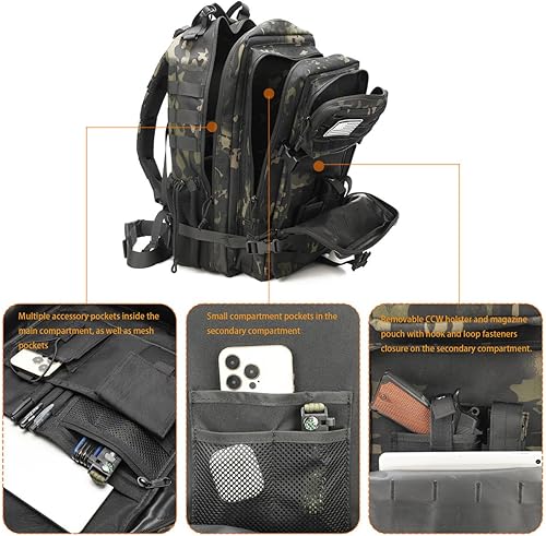 Miniatura 4 de VTACOUTV Mochila táctica militar W.Gun Holster, mochila de caza para hombres Army Molle Daypack 3-Day Pack W.Side Pocket, Negro Cp, Mochila táctica