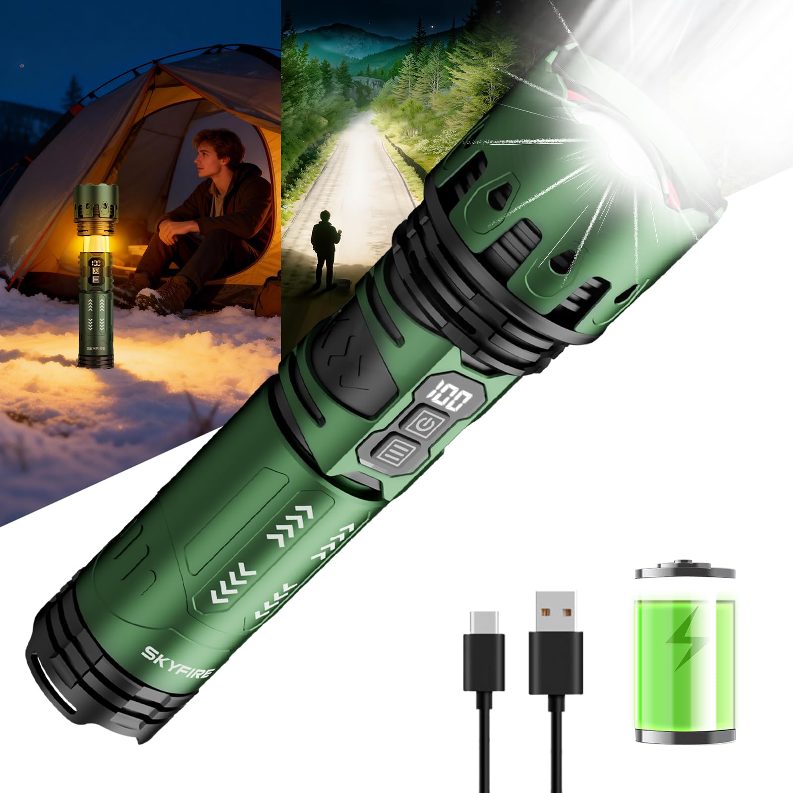 SKYFIRE Rechargeable Flashlights High Lumens with Ambient Lamp:5000mAh Super Bright Flashlight Zoomable 11 Modes 2Colors for Tactical LED Flash Light