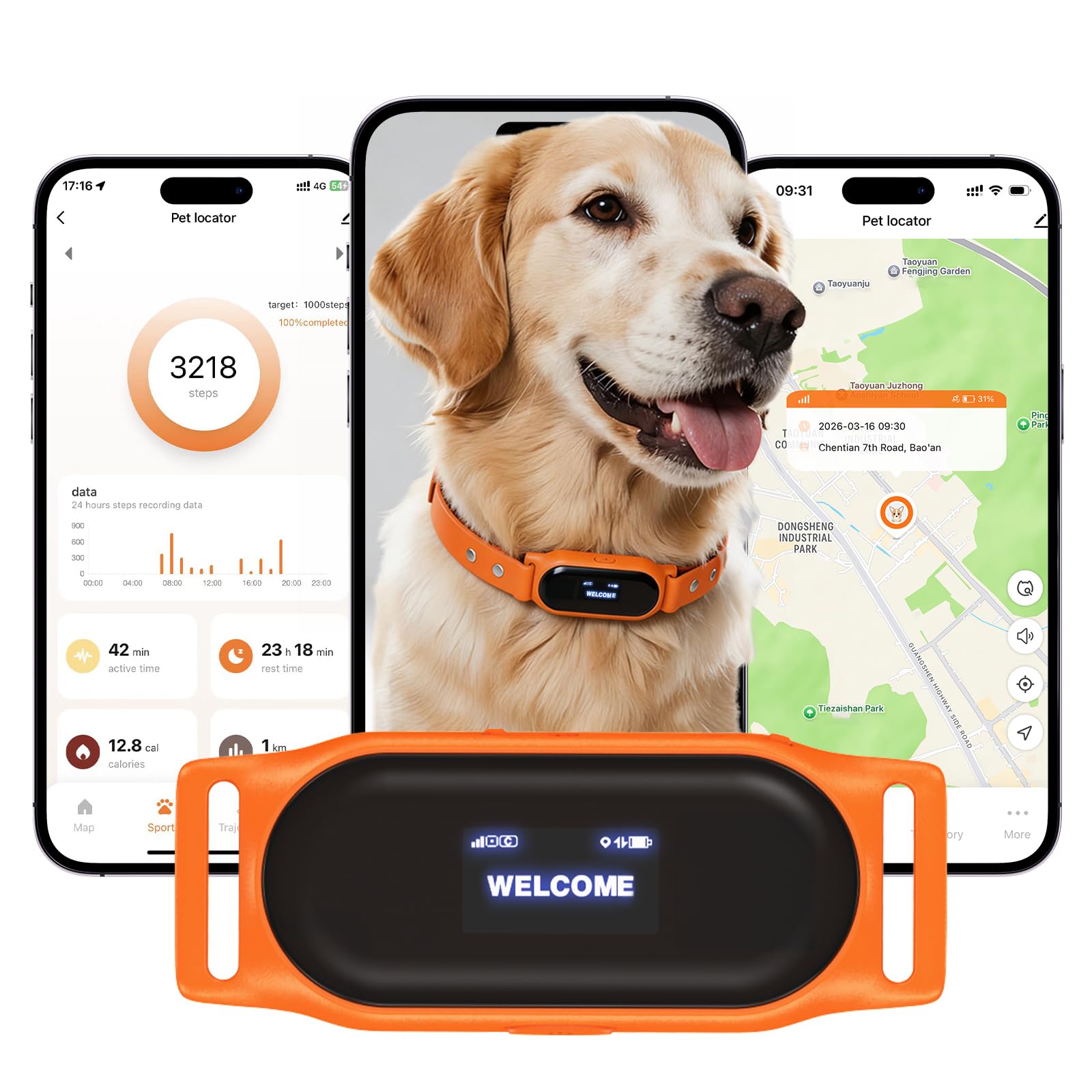 4G Echtzeit-Haustier-Tracker Dual-Band GPS Hundelokalisierer mit Anti-Verlust-Elektrozäunung,Keine monatlichen Gebühren, mit Gesundheitsüberwachung, Typ-C-Ladung, IP66
