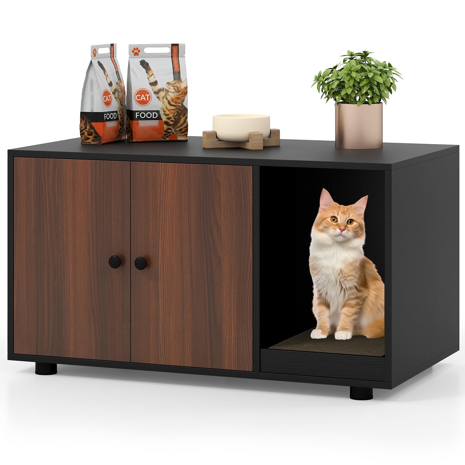 Tangkula Cat Litter Box Enclosure, Hidden Litter Box Furniture with Scratching Board, Double Doors, Modern Indoor Cat House End Table, Wooden Cat Washroom Cabinet (Black+Walnut)