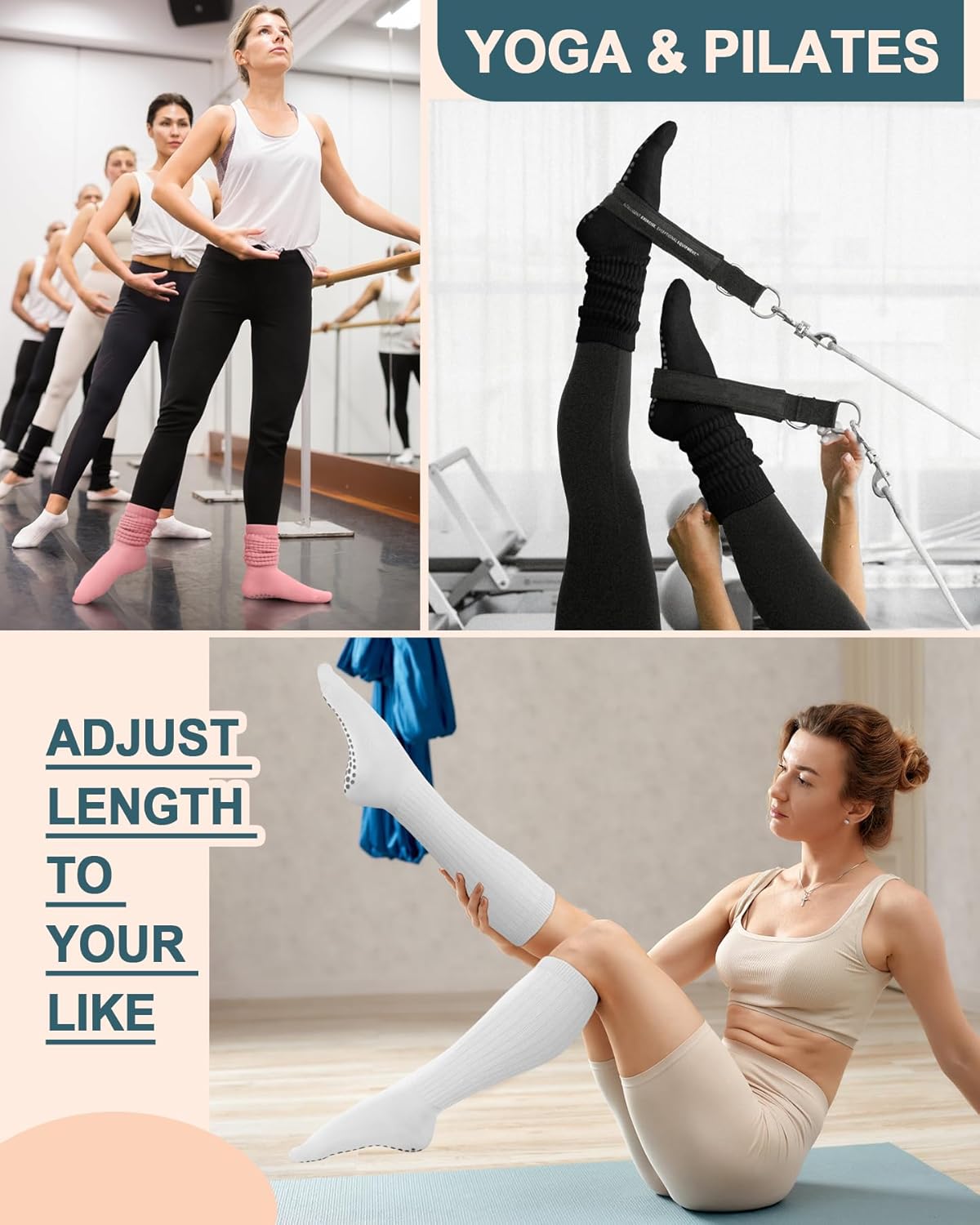 yeuG Pilates Grip Socks for Women Yoga Slouch Socks with Grip for Barre Knee High Boot Socks Long Scrunch Slipper Socks - Image 4