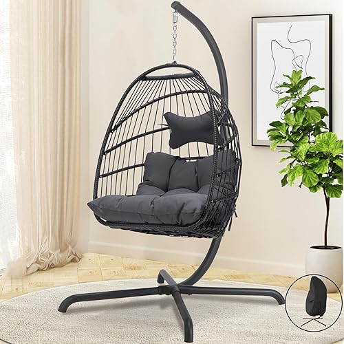 Miniatura 35 de Silla colgante de huevo, de mimbre y ratán, cojines resistentes a los rayos ultravioleta, capacidad de 350 libras, para dormitorio, balcón, patio