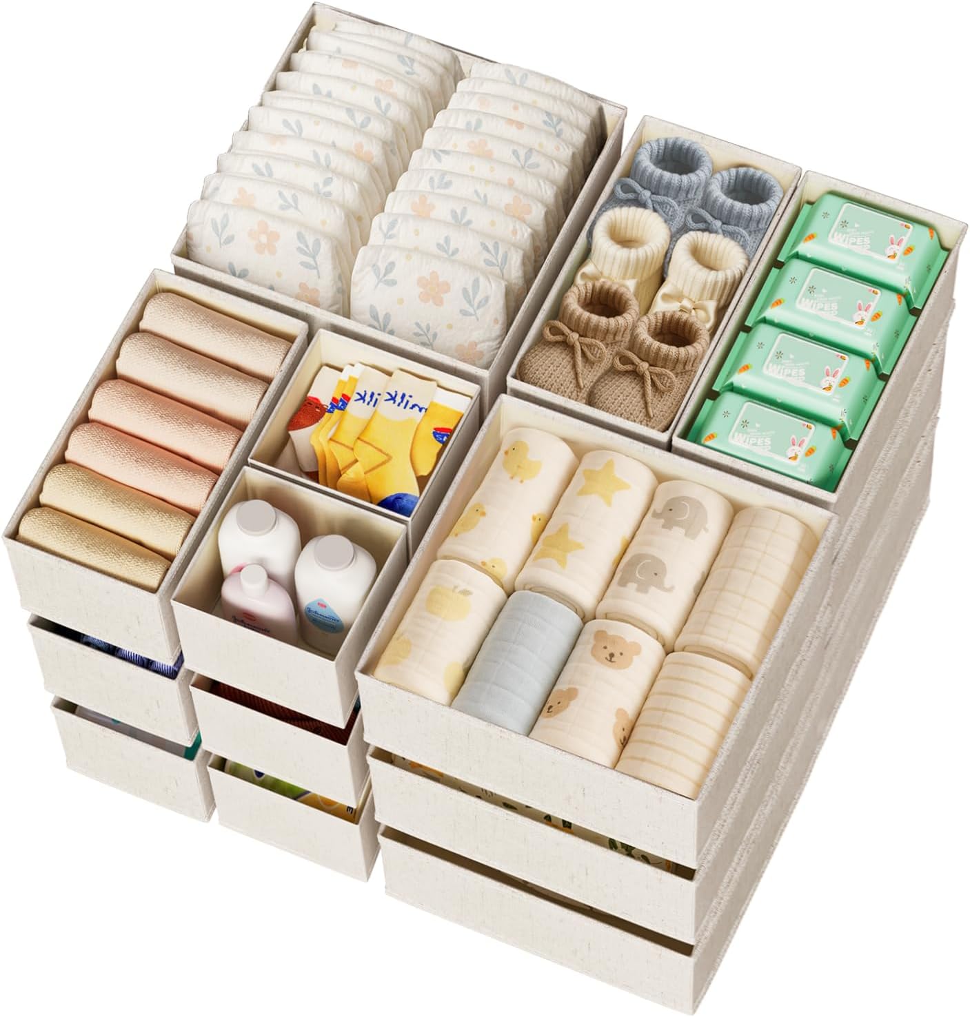 Linen Drawer Organizers for Nursery, Dresser & Closet (20-Pack) – Sturdy, Collapsible Nursery & Dresser Dividers for Baby Clothes, Socks, Underwear & Essentials – Multi-Size Set, Beige