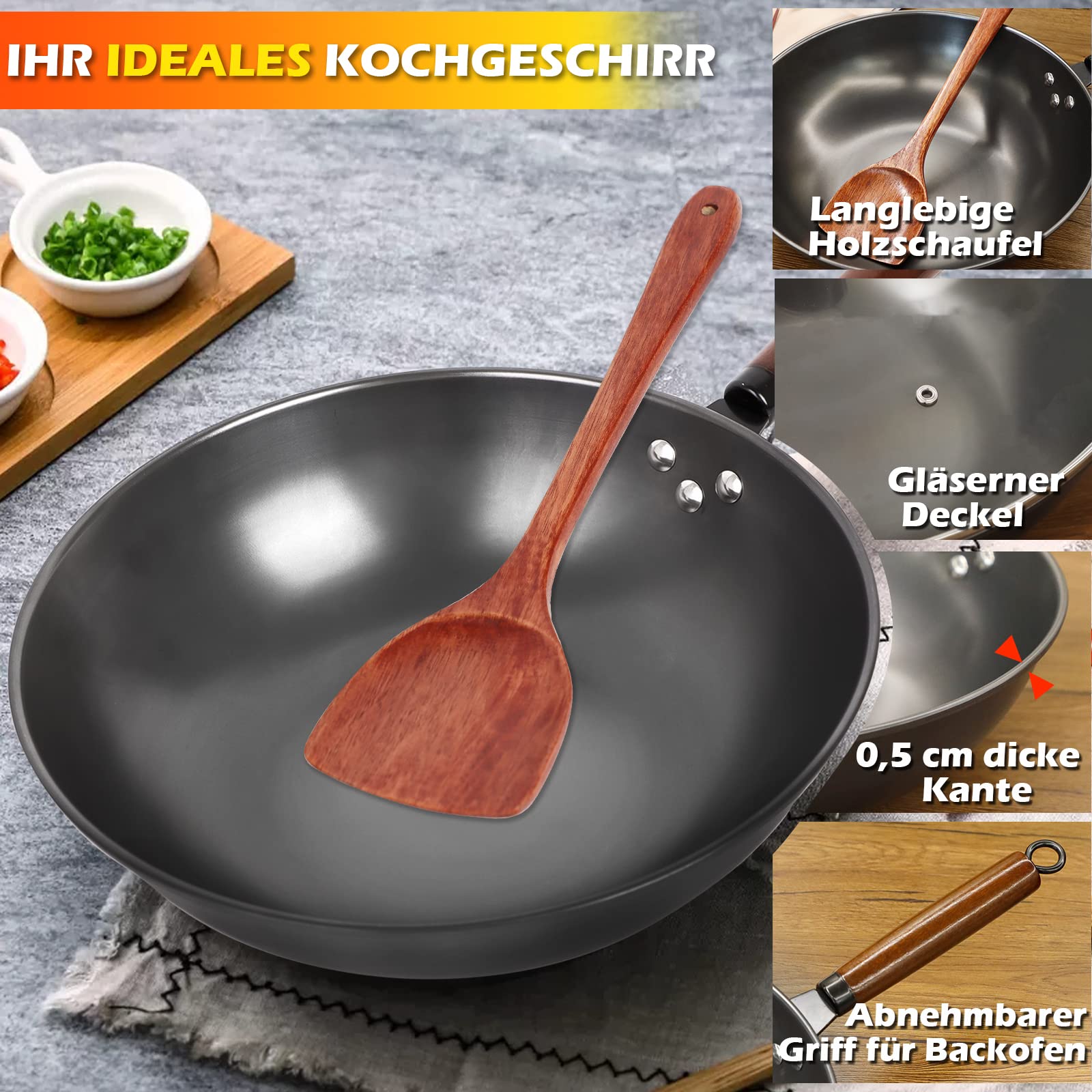 Wokpfanne mit Deckel, 33cm Wok Pfanne aus Karbonstahl zum Rühren und Braten mit Holzspatel, Wok aus Kohlenstoffstahl, nitrierter Antihaft-Chinesenwok mit flachem Boden für Induktion, Elektro- Gasherd