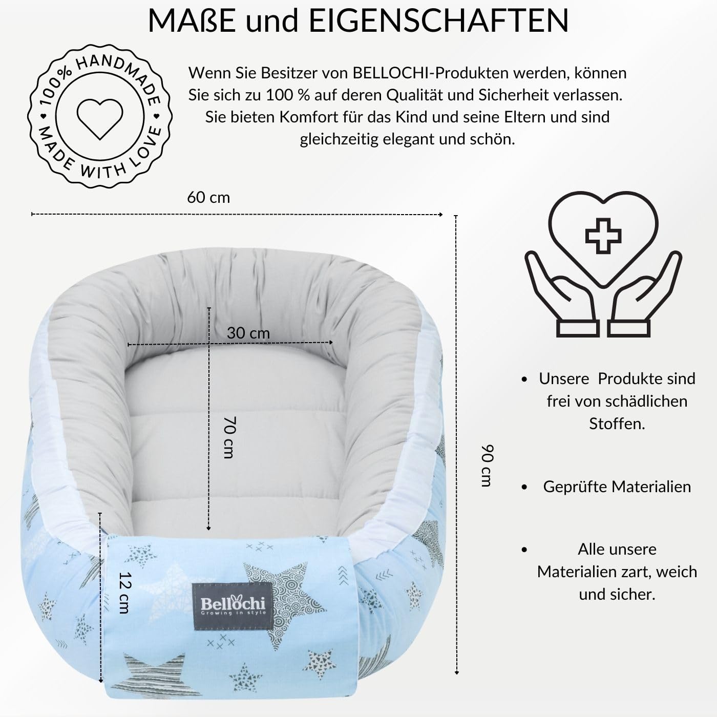 Bellochi Growing in style Premium Babynestchen Neugeborene - Nestchen Baby 90x60x12cm - 100% Baumwolle - Baby Nest, Baby Nestchen Junge, Baby Nestchen Mädchen, Baby Zubehör - Rigel Star