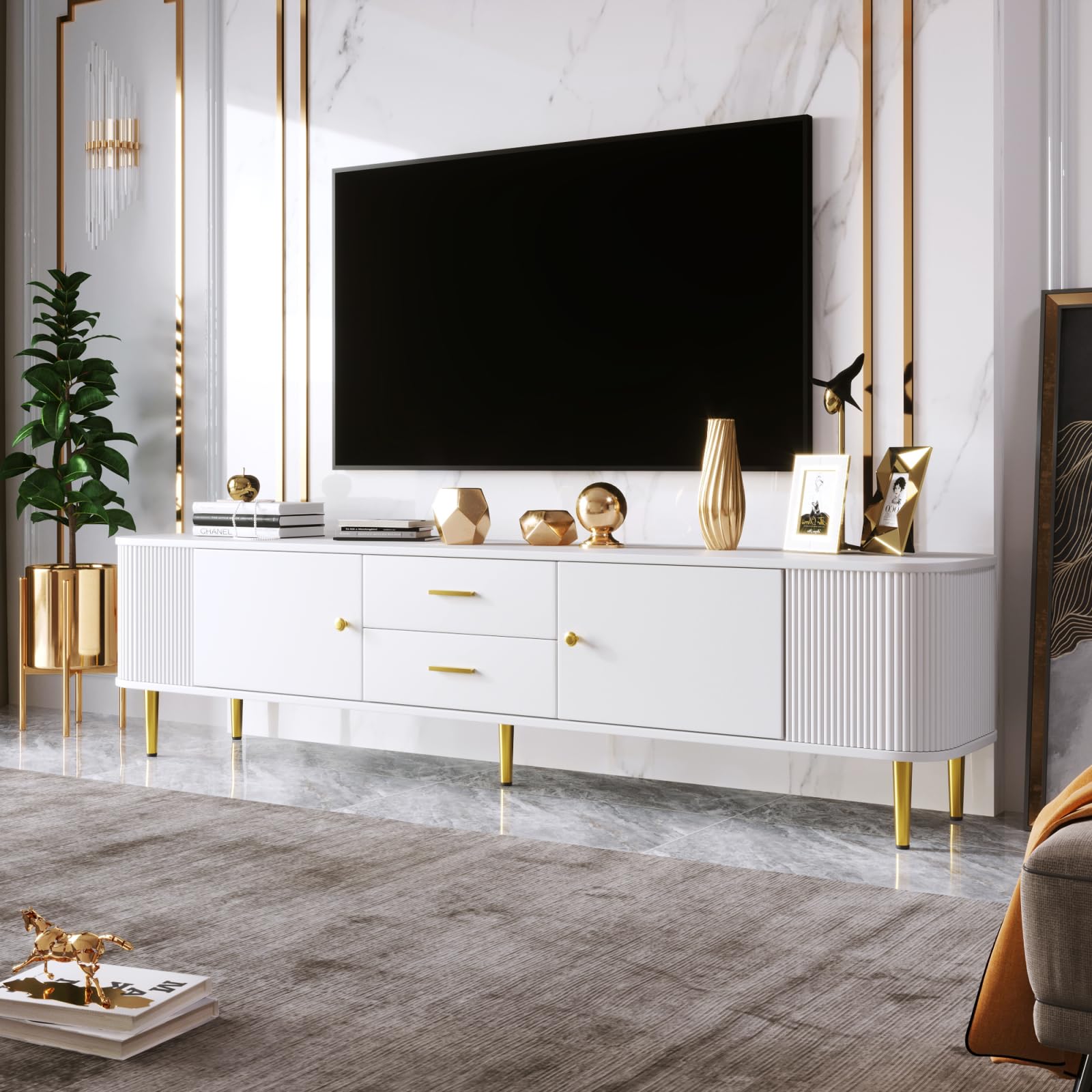 Szafka TV z szufladami, szafka pod telewizor z drzwiami i złotymi uchwytami, nowoczesny stolik pod telewizor do 75 cali, stół do salonu i jadalni, biała, 170 x 34 x 45 cm
