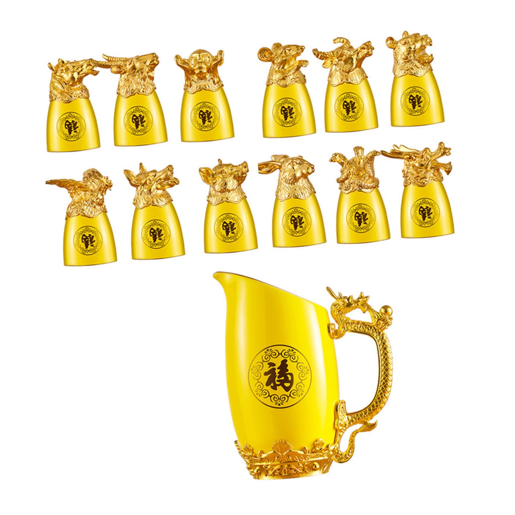 Set di Bicchieri da Liquore in Ceramica Dorata Disegni dello Zodiaco Cinese, Elegante e Resistente, per Bar e Hotel, Include Caraffa Stili multipli