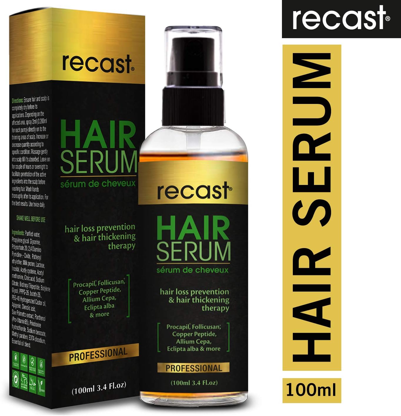 Recast Hair Serum - Hair loss prevention and Hair thickening therapy, infused with patented Procapil, Follicusan, Copper peptides and proven herbal extracts - 100ml