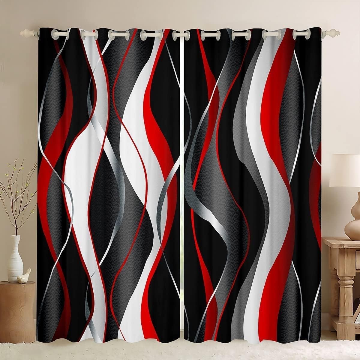 Rouge Gris Noir Rideaux Occultants Rideau Thermique Lot de 2 Rideaux à Oeillets Spirale GéOméTrique Anti UV pour Chambre Maison Salon L140xH200 cm