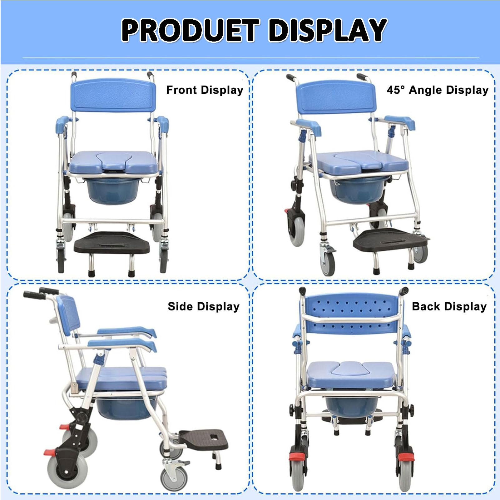Silla para Ducha con Ruedas Plegable, Silla de Ducha para Personas Mayores con Reposabrazos y Respaldo para Personas Mayores, Embarazadas, Discapacitados, Carga Máxima 120 kg