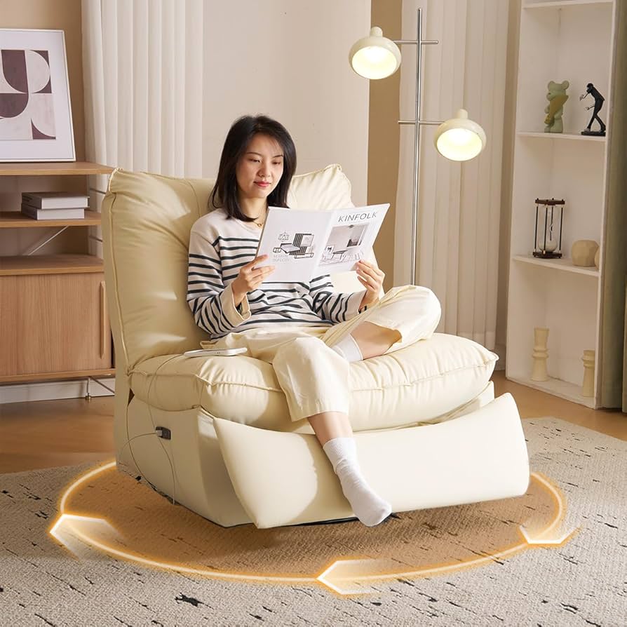 リクライニングソファー 肘掛けなし ロッキング オットマン一体型 【アイボリー】 Amazon|Simpolu 電動リクライニングチェアー 一人掛け 肘掛け