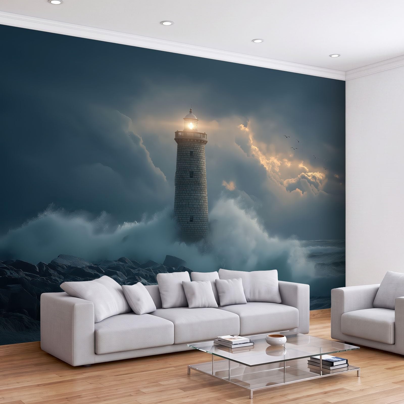 250 x 175 cm, fototapeta z włókniny, na wymiar, fotografia, krajobraz, latarnia morska, niebiesko-szara, fotorealistyczny, druk HD, tapeta na flizelinie, tapeta z motywem, dekoracja ścienna, dekoracja
