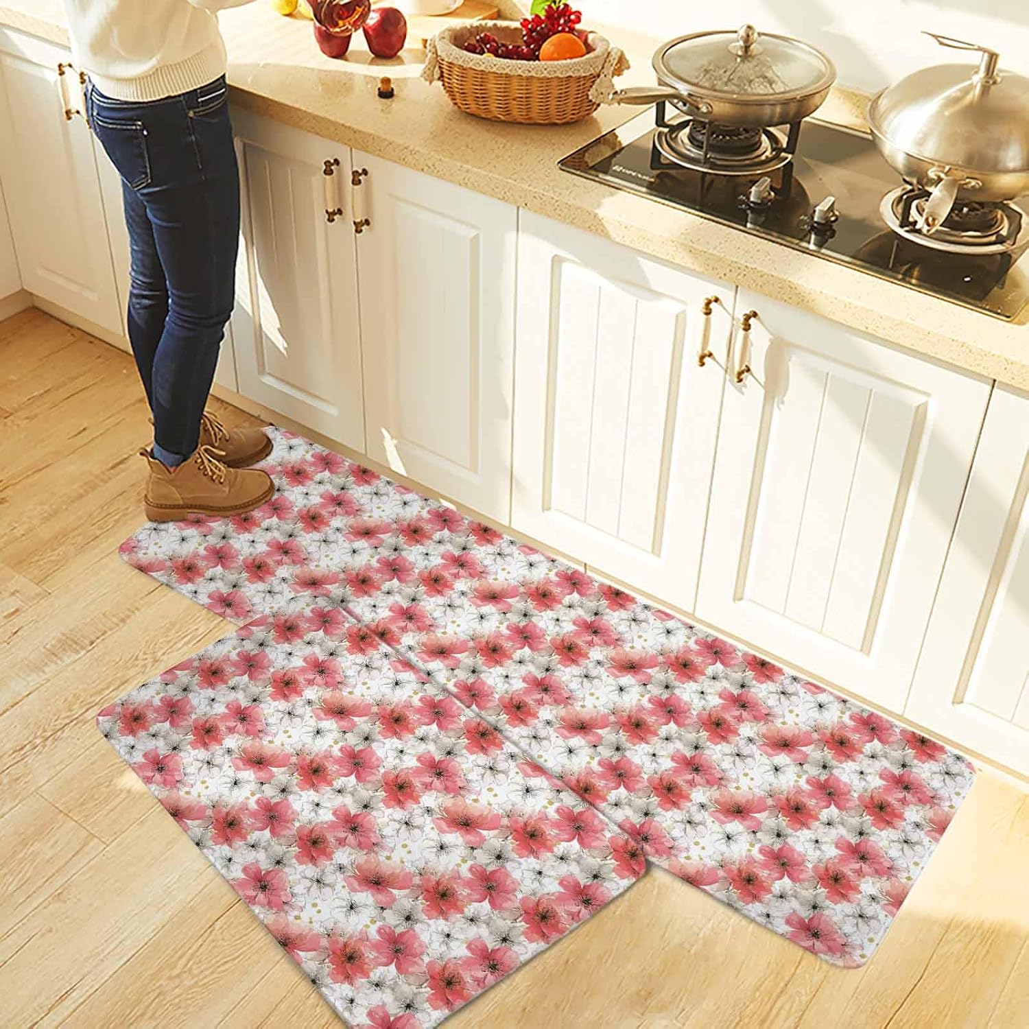 Spring Flowers Kitchen Rugs and Mats Set of 2, Non-Slip Kitchen Sink Mat, Farmhouse Chinese Pink White Floral Washable Doormat Bathroom Rugs Runner for Bedroom/Living Room 23.6"x35.4"+23.6"x70.9"