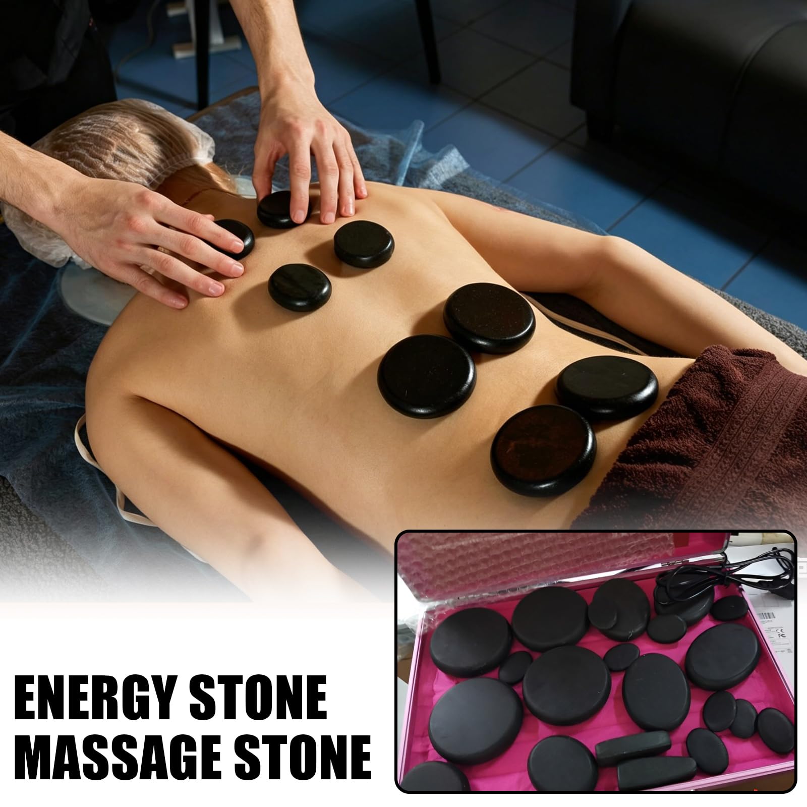 Hot Stone - Juego de 21 piedras de masaje de basalto en maletín térmico, portátil, piedras de masaje calientes de basalto, set de calentadores de piedras de masaje para terapia de masaje, relajación y