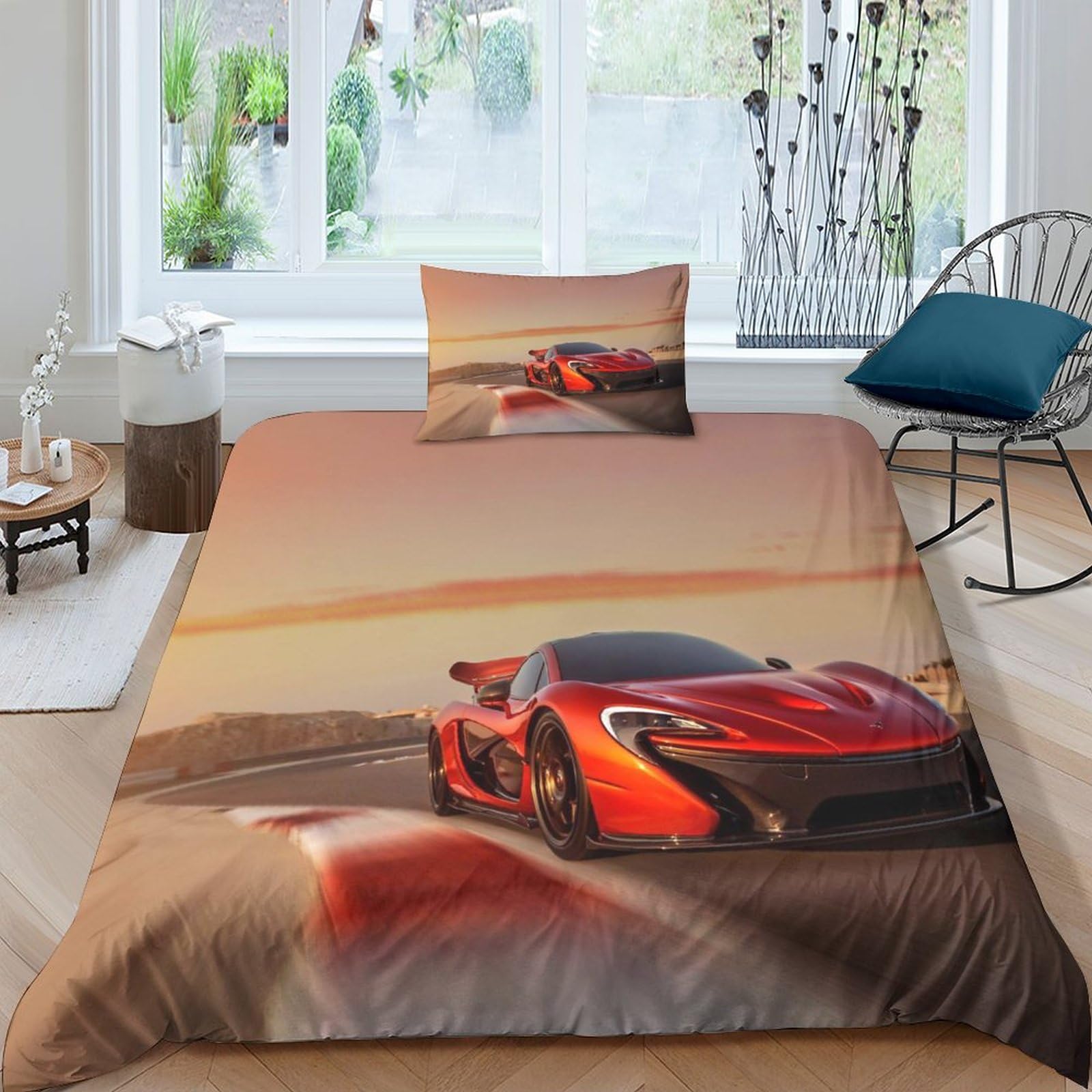 BARDYS Super Car Hot Choice for Boys，girls Bedding Set with Zipper Closure 3D Printed Comforter Cover Sports Car Duvet Cover Set Soft Microfiber Quilt Cover with Pillowcaser Single（135x200cm）