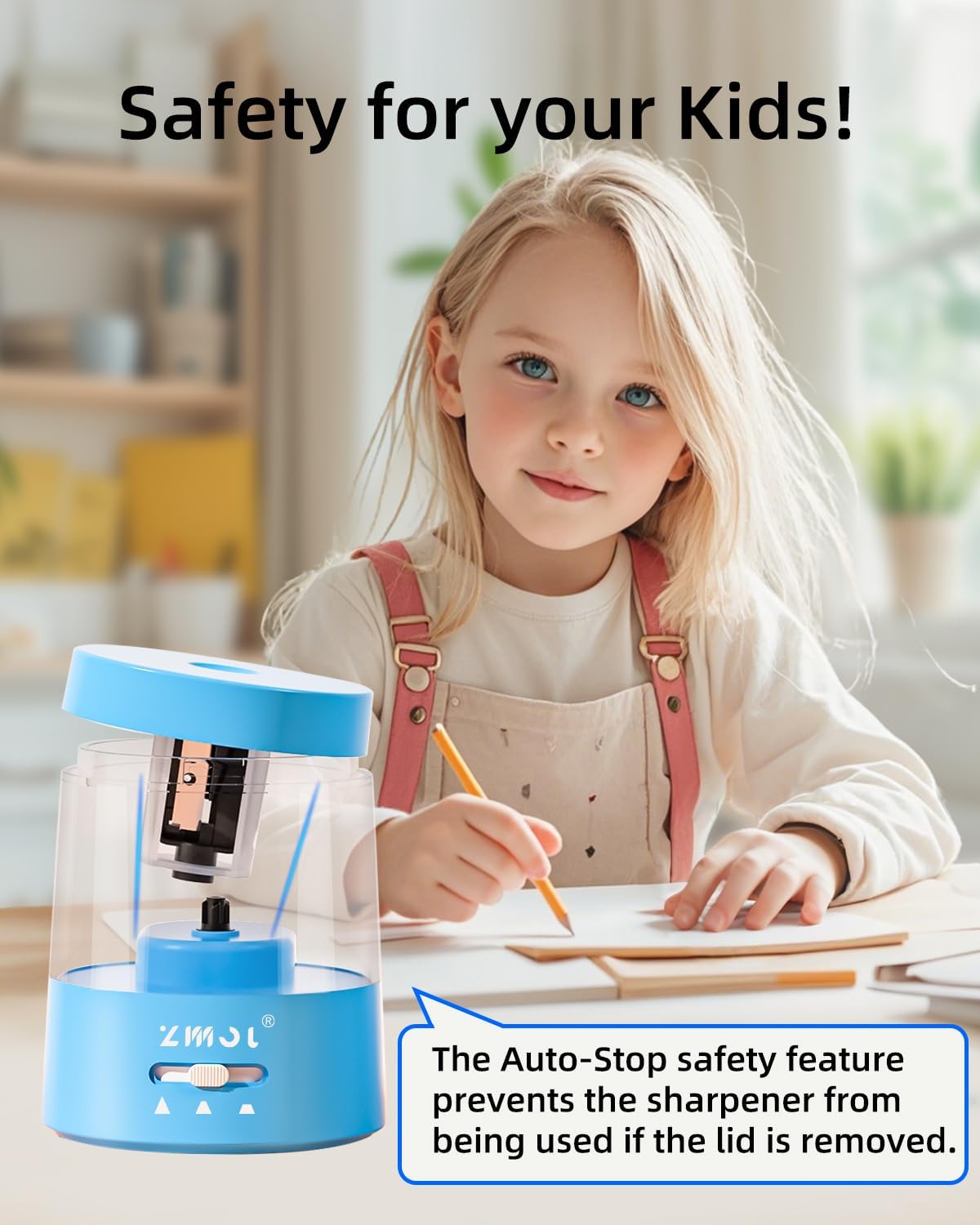 ZMOL Colored Pencil Electric Sharpener, Auto Stop, Plug-in Small Electric Sharpener Battery Powered for 6-8mm No. 2 Pencils Blue - Image 9