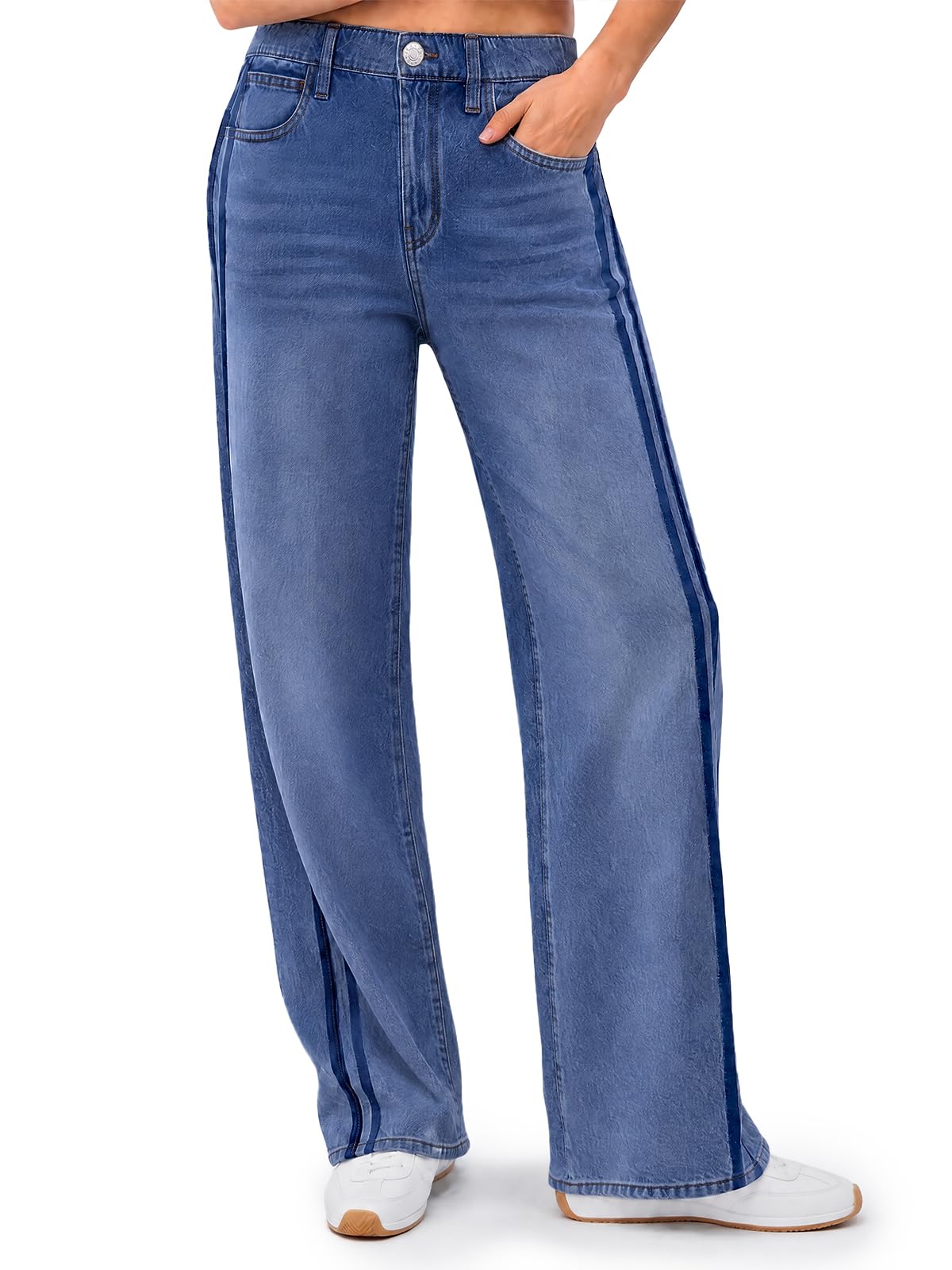 Womens Wide Leg Jeans Side Striped High Waisted Denim Pants