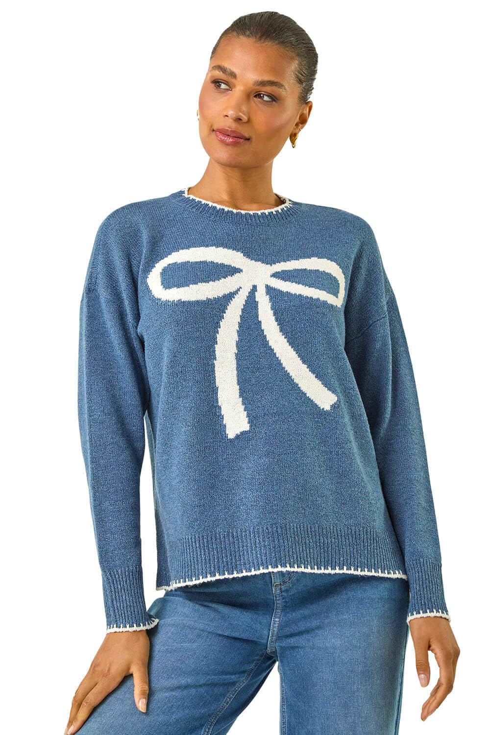 Roman Originals Women's Blue Contrast Stitch Bow Knit Jumper For Uk - Everyday Holiday Spring Summer Crew Neckline Comfy Soft Evening Vacation Work Party - Size 14