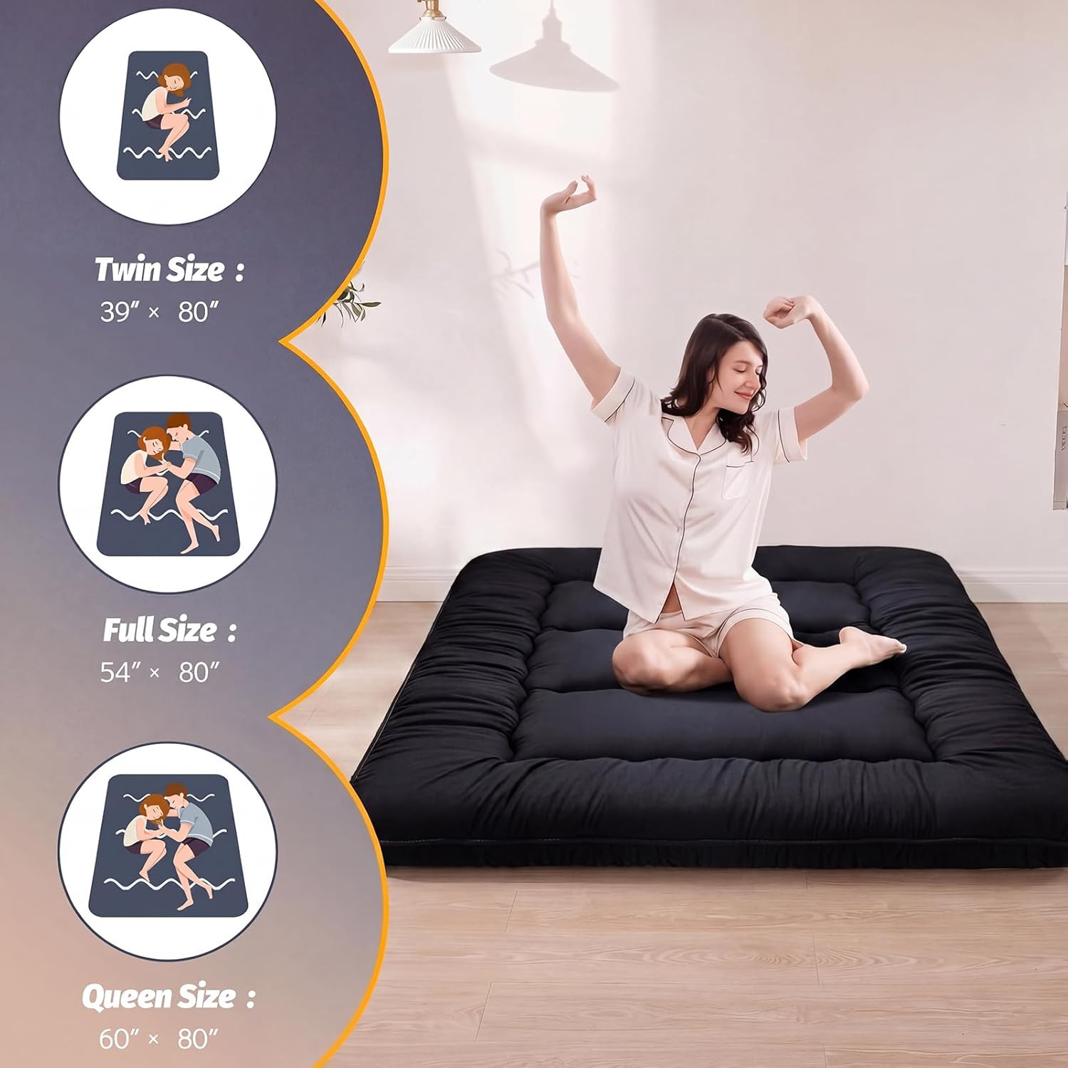 MAXYOYO 6" Extra Thick Japanese Floor Mattress Futon Mattress, Foldable Tatami Pad for Adults, Roll Up Floor Mat for Living Room Guest Room RV, Black, Queen