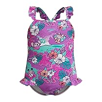 Speedo Learn to Swim Printed Frill Thinstrap Swimsuit | Chlorine Resistant | Quick Drying Costume da Bagno per Bambina, Neon Violet, 9 Mois-12 Mois
