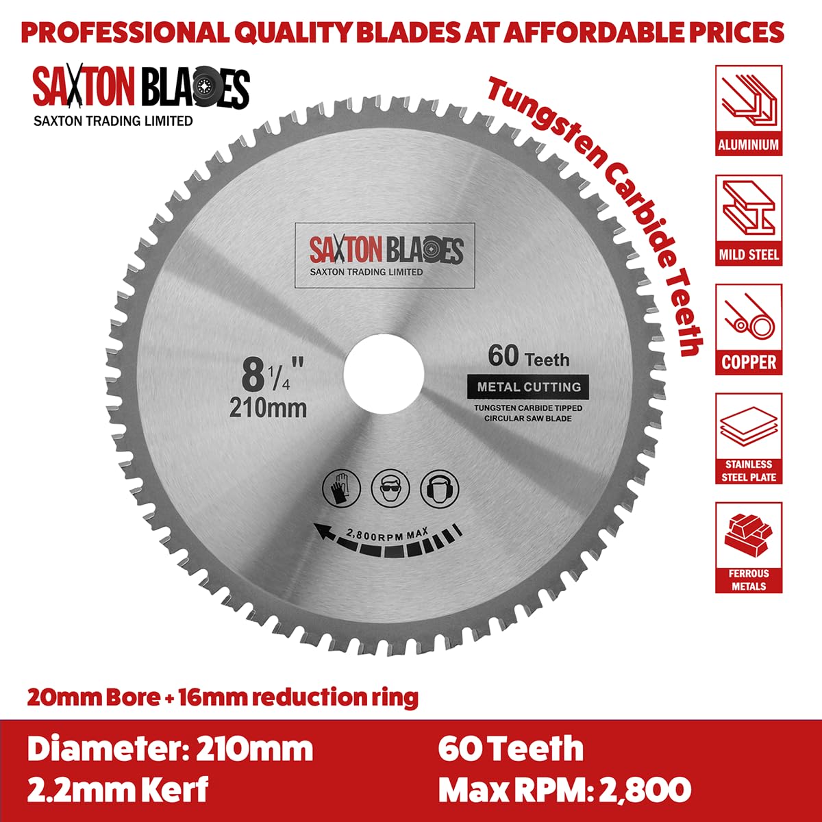 Saxton TCT21060TMB Kreissägeblatt zum Schneiden von Stahl, Aluminium, Kupfer, Metall, 210 mm x 60 Zähne, für Bosch, Makita, Dewalt, Evolution, passend für 216-mm-Sägen