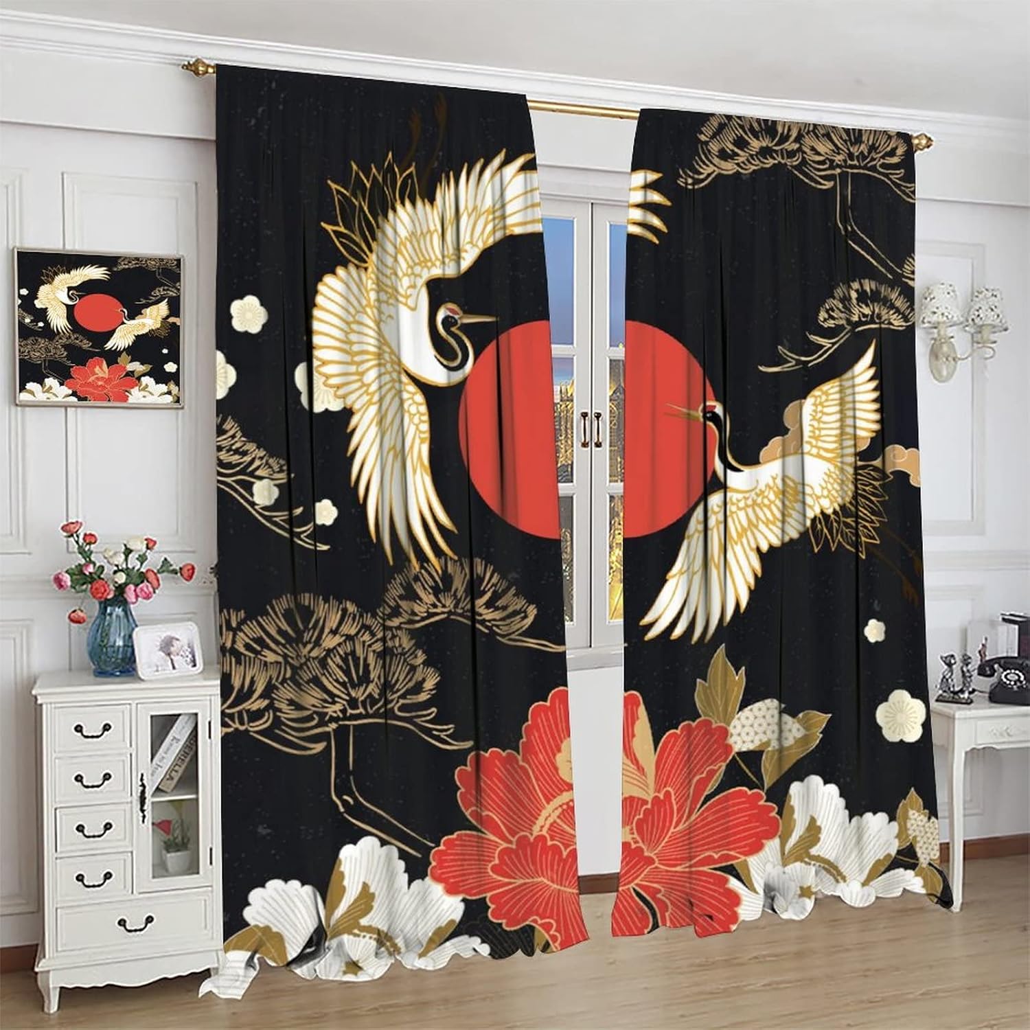 Abstract Japan Blackout Curtains for Bedroom - Vintage Black Gold Japanese Pine Tree Red Sun Crane Floral Window Treatment,Rod Pocket Room Darkening Curtains 2 Panels 45L x 21W