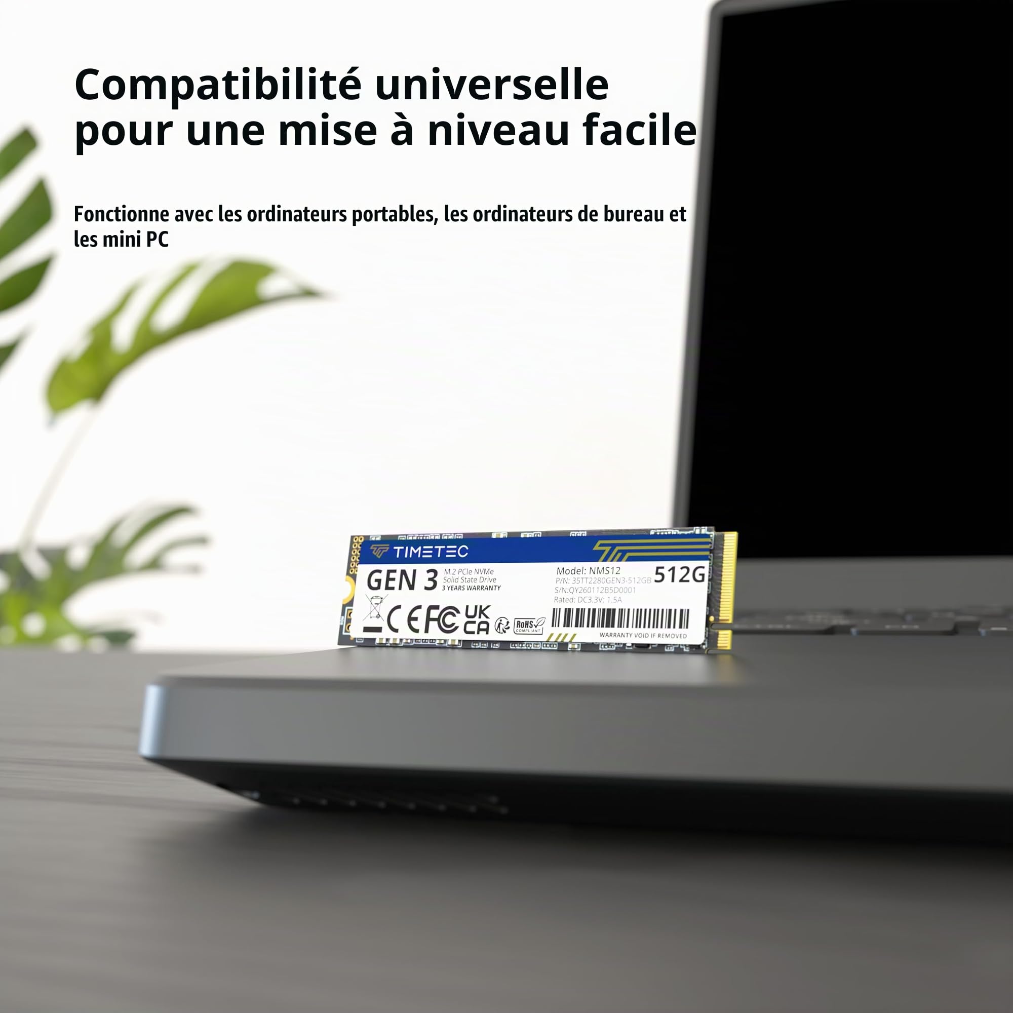 Timetec 512Go SSD NVMe PCIe Gen3x4 8 GB/s M.2 2280 3D NAND TLC 350 ToW Cache SLC Haute Performance Vitesse de Lecture/écriture jusqu'à 2000/1600 Mo/s Disque SSD Interne pour PC Portable et de Bureau