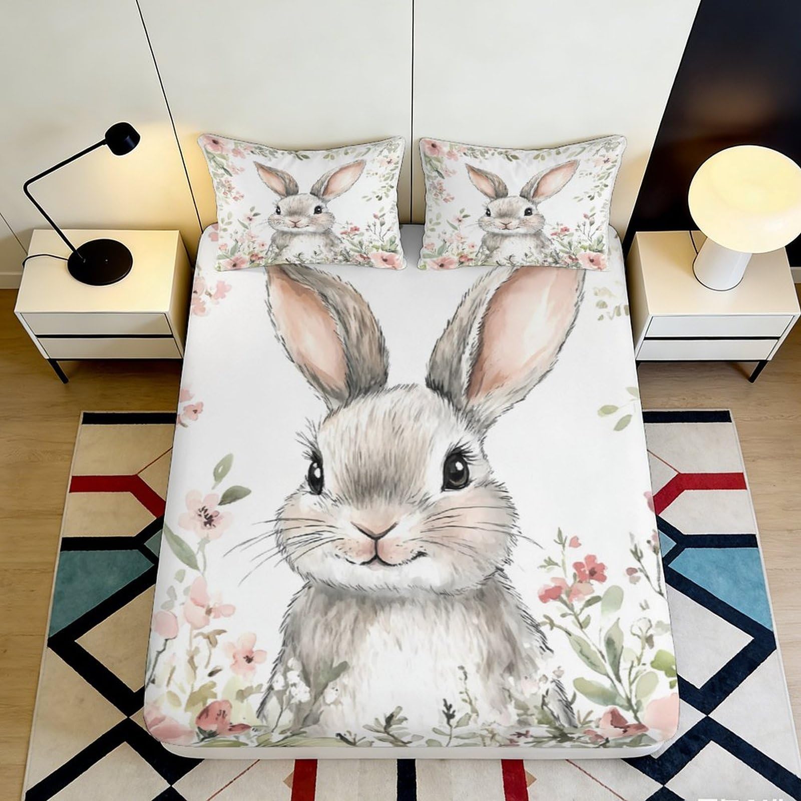 3D Printed Bunny Floral Fitted Sheet Microfiber Anti-Slip Mattress Cover for Bedroom Dorm Guest Room Machine Washable 180x200x25cm