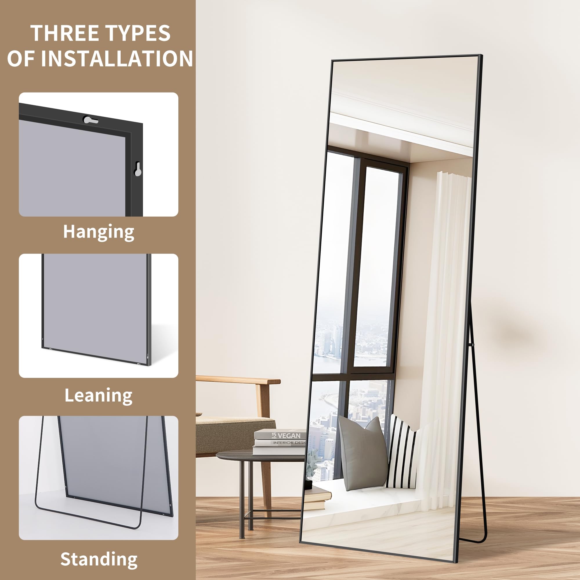 WOLIBEER Ganzkörperspiegel 161 x 52 cm, Rechteckiger Ganzkörperspiegel mit Schwarzem Aluminiumrahmen Wandspiegel Stehspiegel, Spiegel für Schlafzimmer, Ankleidezimmer Wohnzimmer Fitnessstudio Flur