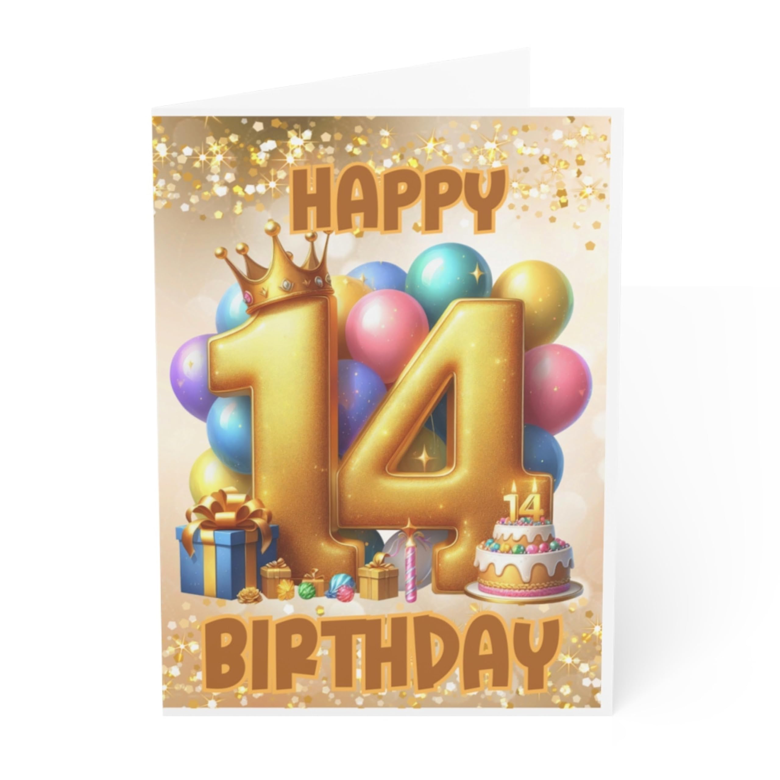 J&J'S TOYSCAPE Happy 14th Birthday Card, Birthday Card for 14 Year Old Girl, Cute 5x7 Card with Envelope, Blank Inside (Gold Balloons)