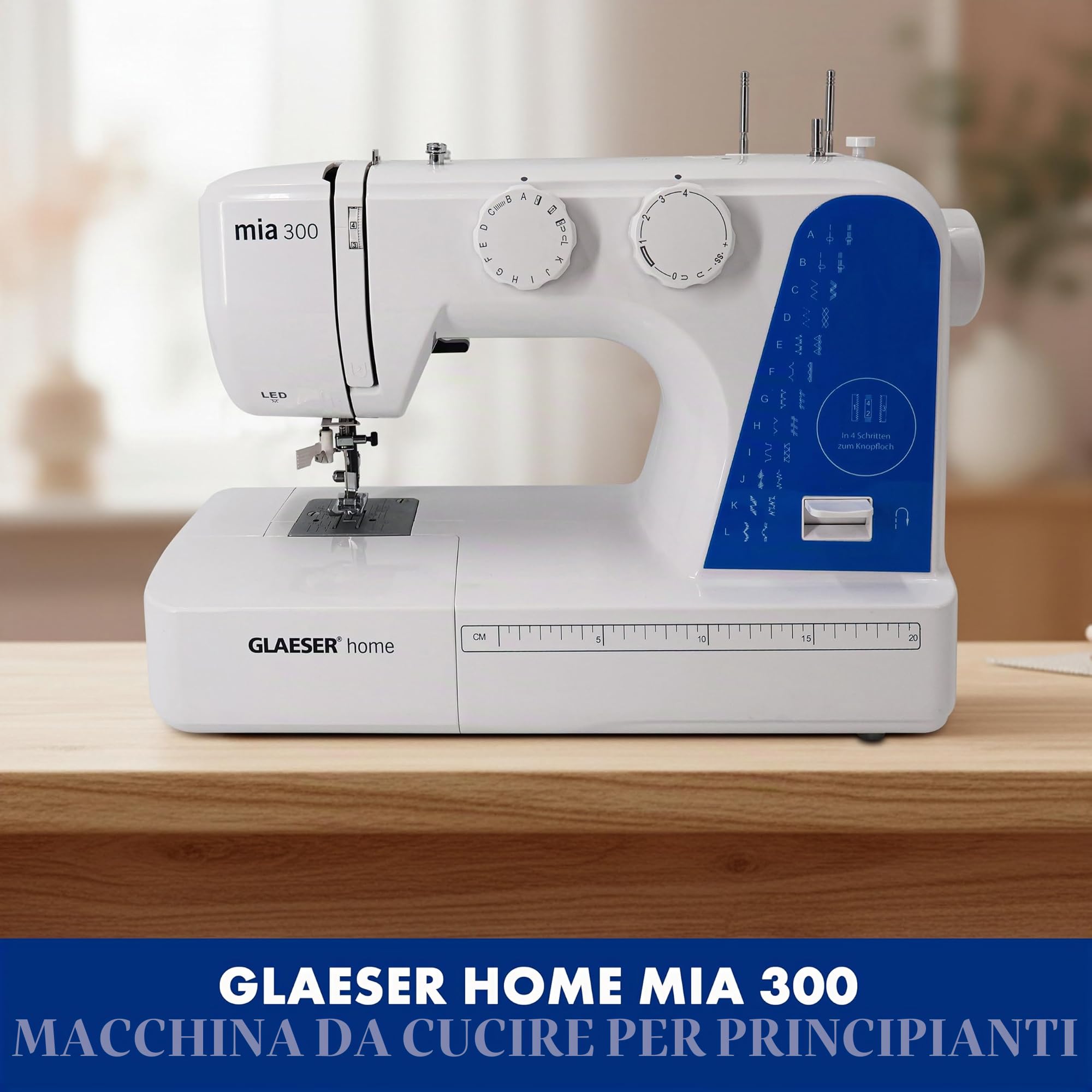 Macchina da cucire Easy GLAESER® Home Mia 300 | Macchina da cucire per principianti | Infilatore automatico | 24 punti – Varianti | Facilissimo da usare bianco/blu