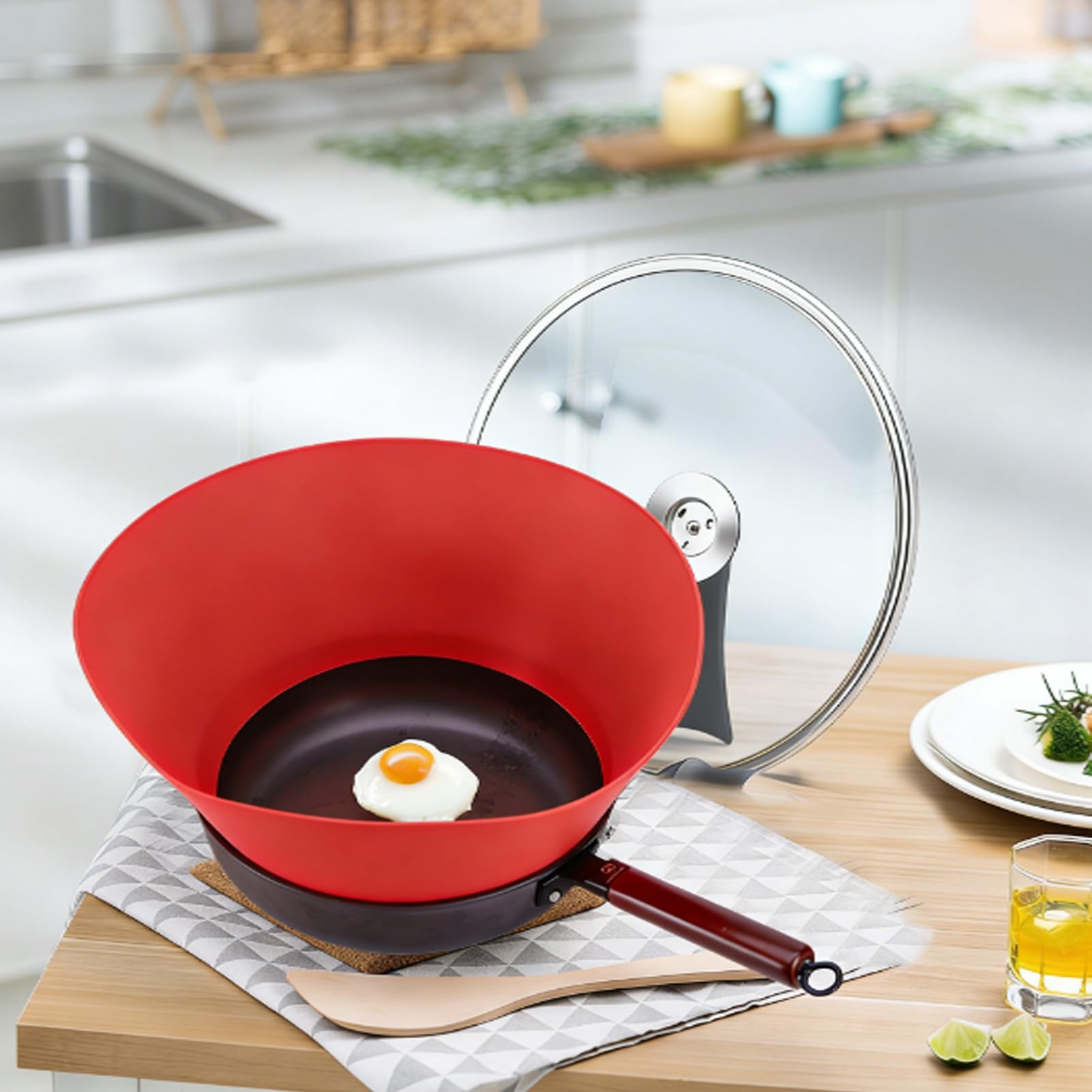 2 paraspruzzi in silicone per padelle, imbuto anti-olio regolabile, alternativa allo schermo pieghevole, per uso alimentare e resistente al calore, rosso