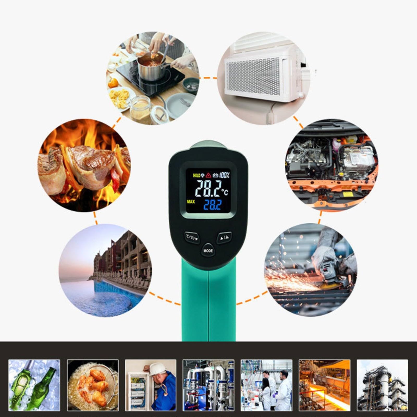 HLP380 Termometro a infrarossi senza contatto -50 °C a 380 °C Misurazione rapida Emissività regolabile Display LCD con retroilluminazione per laboratori industriali e misurazioni HVAC Verde