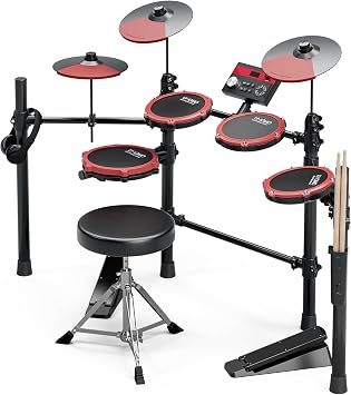 UMOMO Mesh Electronic Drum Set for Beginner, 7-Piece Electric Kit with 225 Sounds, 15 Kits, 3 X 10" Cymbals, 4 Mesh Pads, Supports Sensitivity Adjustment, Sticks, Headphones & Cables, Red & Black