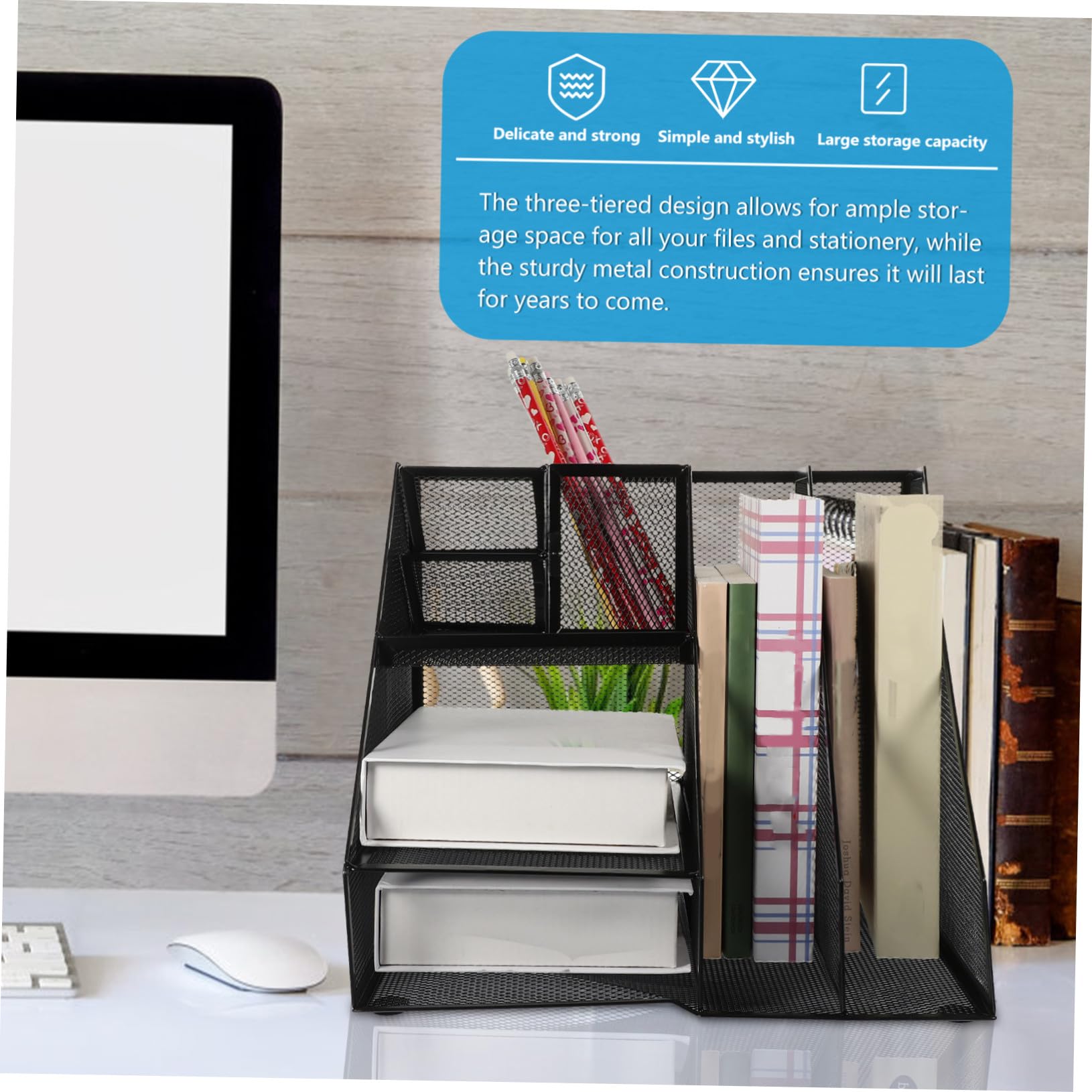 Sosoport Mesh Datei organizer aus Metall mit Zwei Fächern und Drei Links Platziertem Stiftehalter Robuster Büro aufbewahrung für Magazine Schwarzer Desktop Ablage für Büro und Schreibtisch