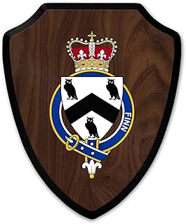 HARD EDGE DESIGN Family Coat of Arms Heritage Shield Plaque, Irish Garter Family Finn with Dark Wood Background