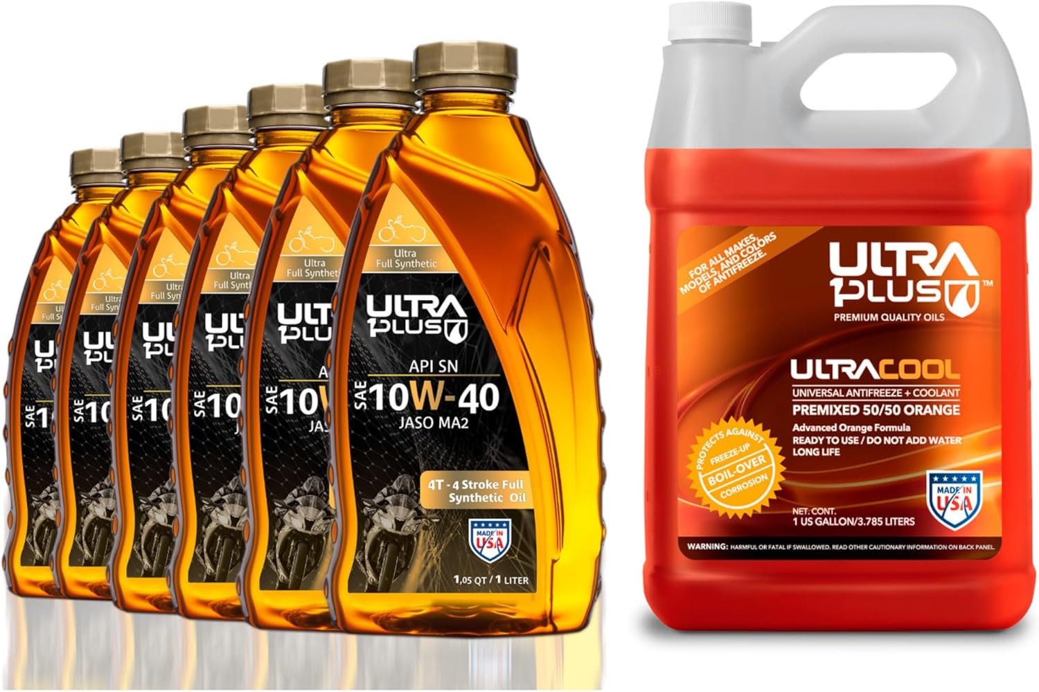 ULTRA 1PLUS SAE 10W-40 Full Synthetic 4T Engine Oil, API SN, JASO MA2 & Antifreeze Coolant