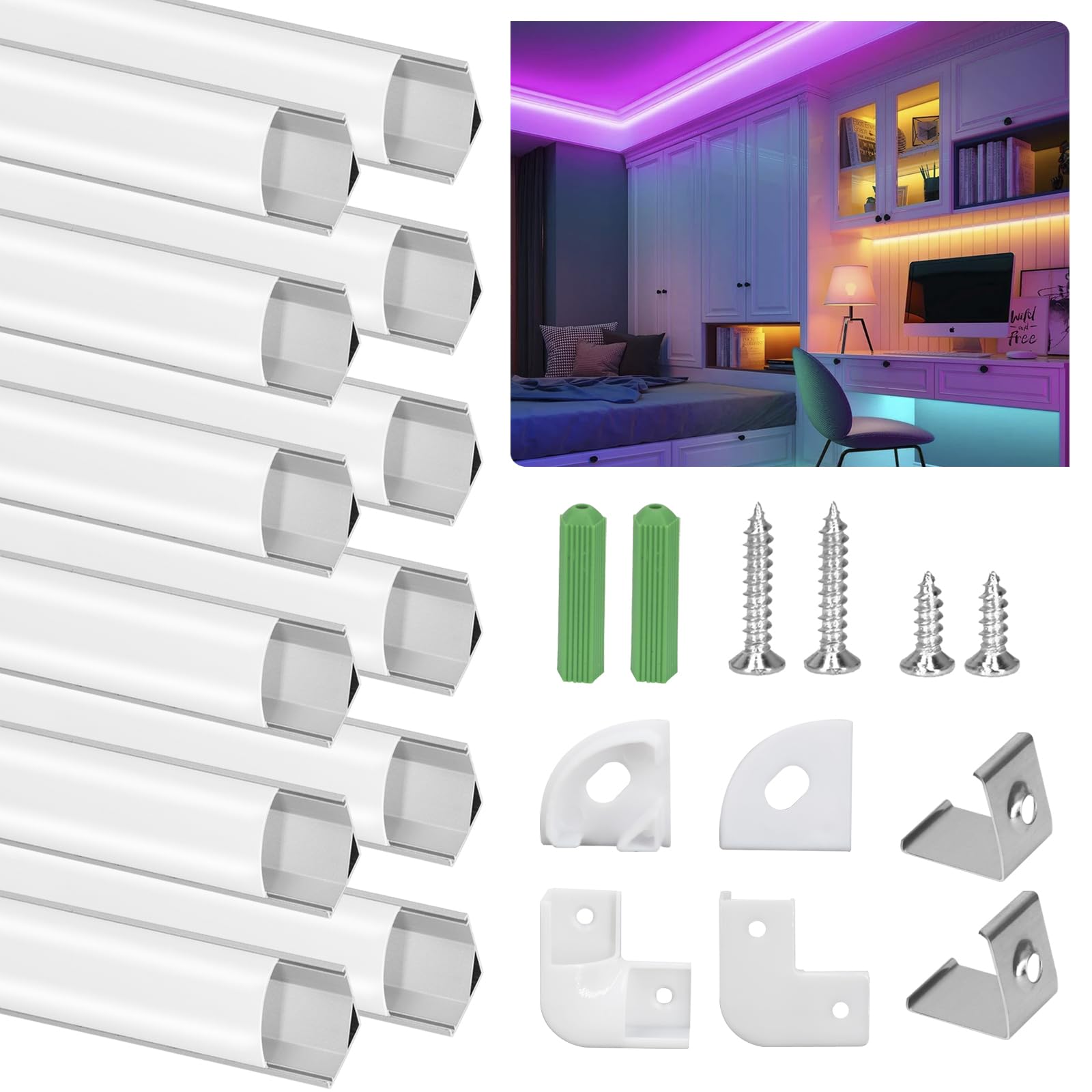 12 pezzi di Profilo in Alluminio da 1m a Forma V Modello, per Strisce LED da Compatto Facile-da-tagliare con Cover e Tappi di Chiusura laterali, Accessori Completi di Montaggio, Montaggio Universale