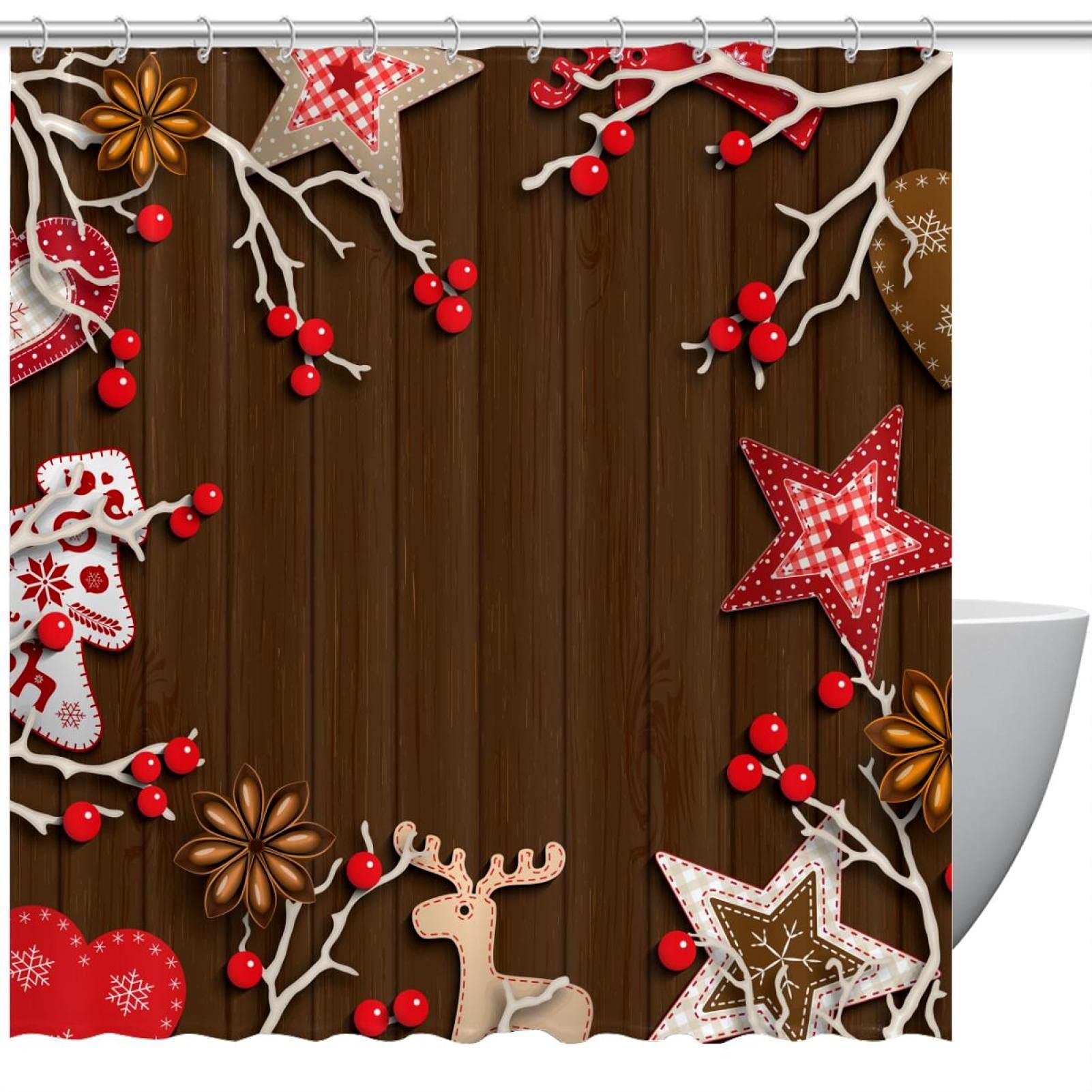 Rideau de douche Noël texture bois pour réchauffer la salle de bain des enfants