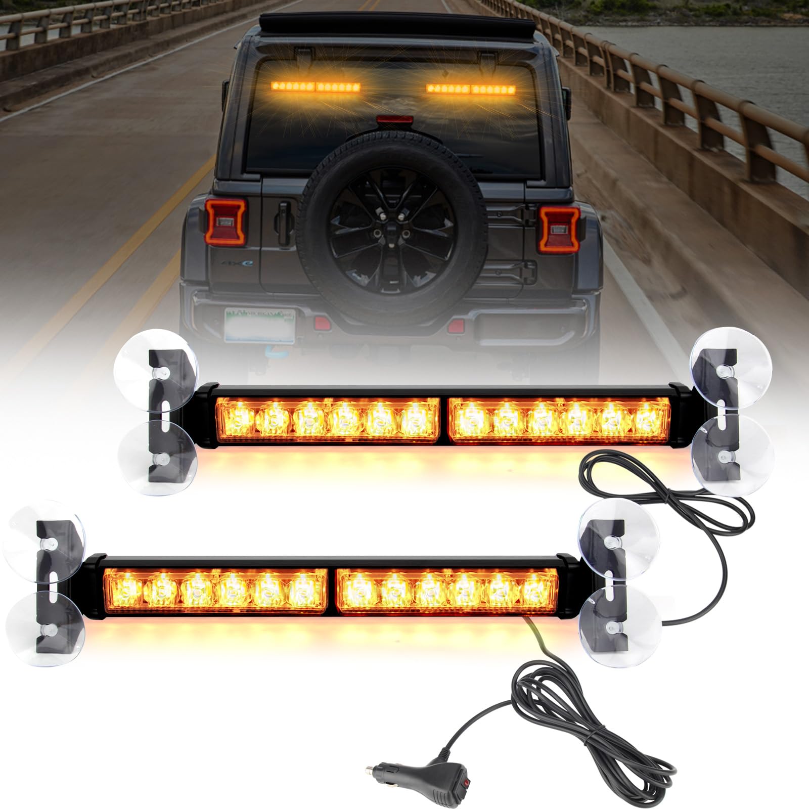 Luces estroboscópicas de parabrisas ámbar para camiones, luces de advertencia estroboscópicas para salpicadero de parabrisas de automóvil 2 en 1, 24 LED, luz estroboscópica de emergencia de