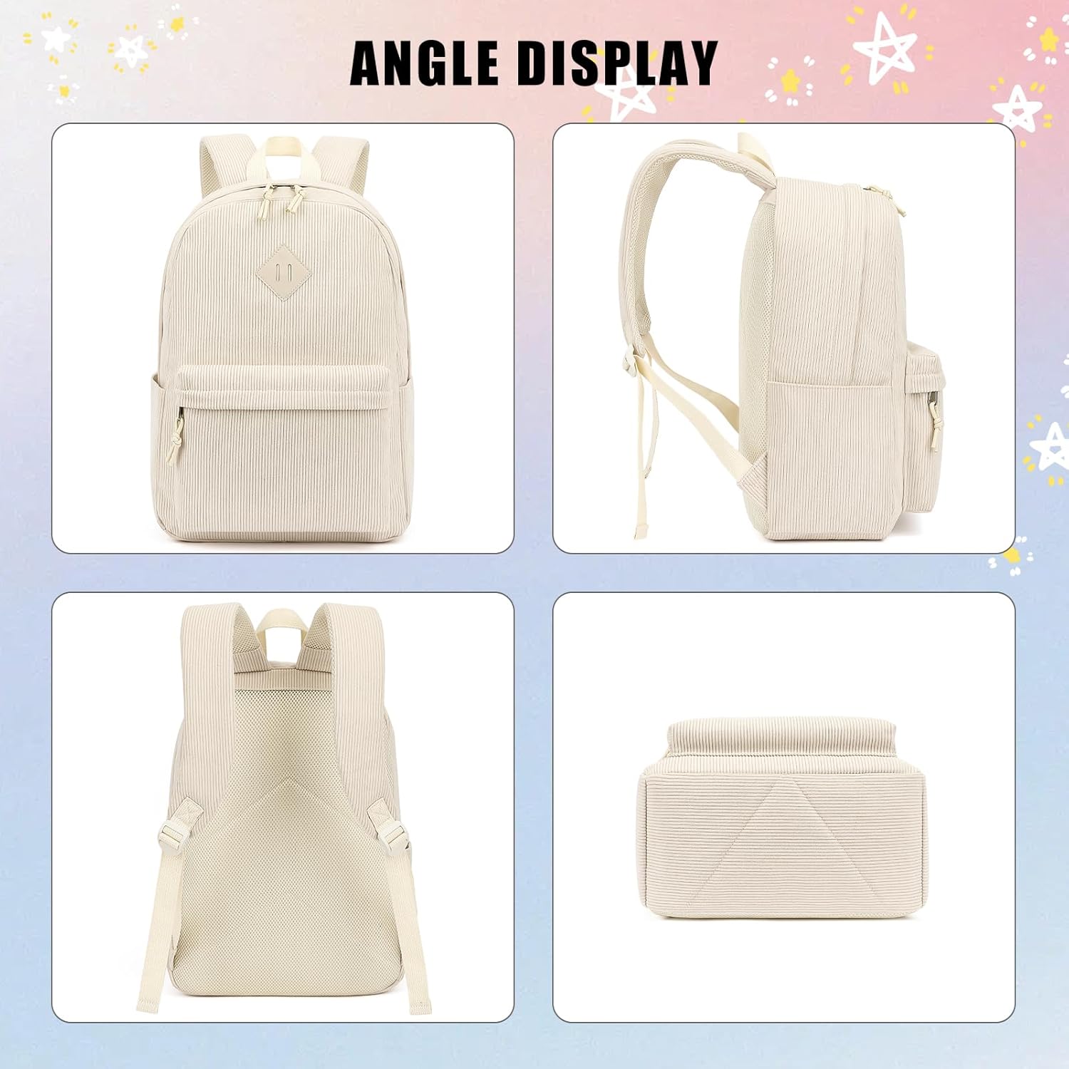 Corduroy School Backpack for Girls, Kids Teens School Bags Bookbags Set with Lunch Box Pencil Case (Beige) - Image 7