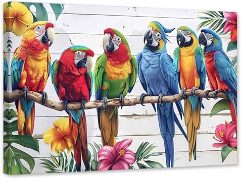 ARTZGX Parrot Canvas Wall Art Macaw Pictures Tropical Colorful Bird Painting Parrot on the Branch Print for Bathroom Decor FrameWhite 12.00" x 18.00"