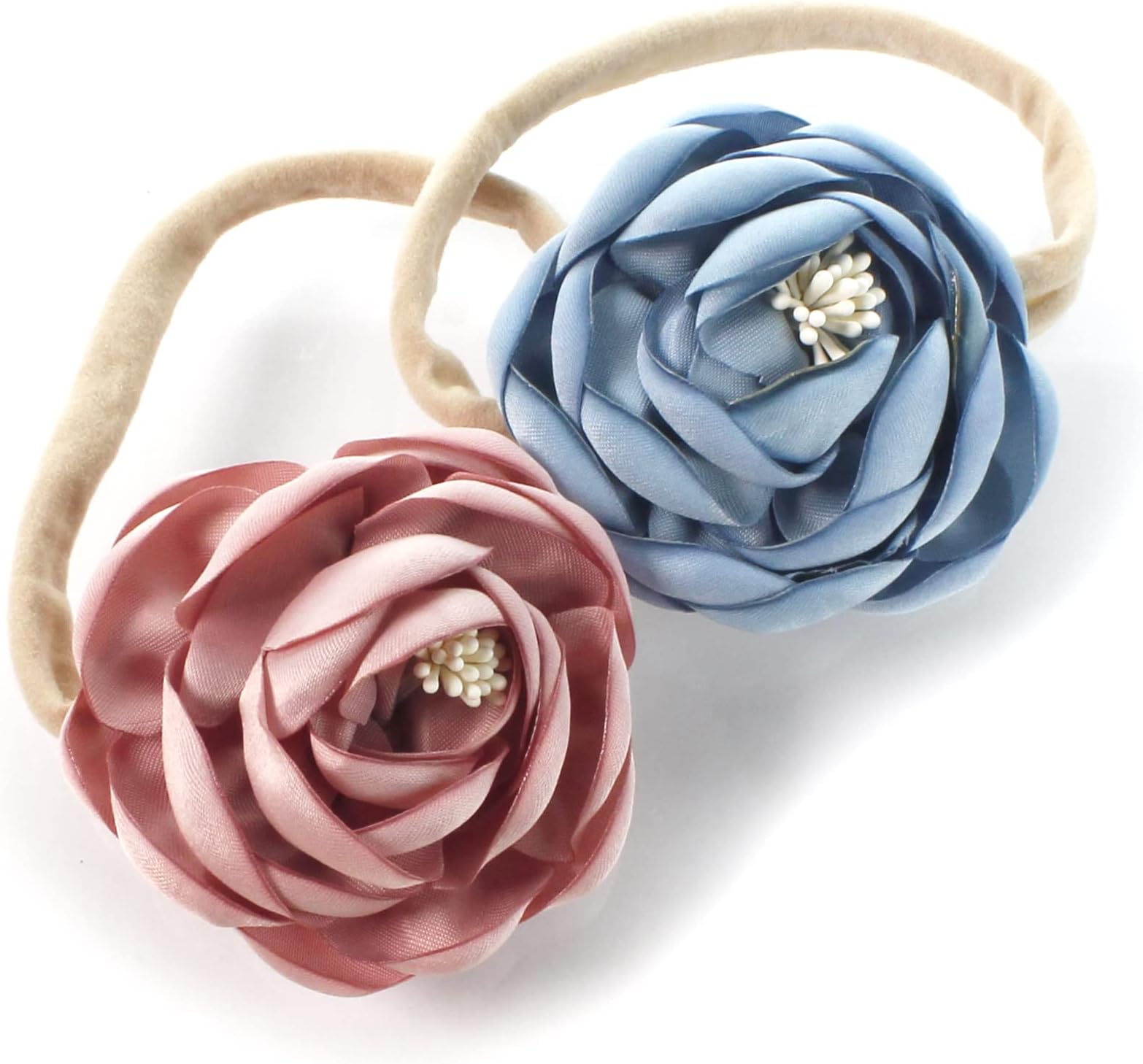 Baby Girl Ranunculus Flower Stretchy Nylon Elastic Headbands Set 2pcs, Dusty Rose / Dusty Blue, S