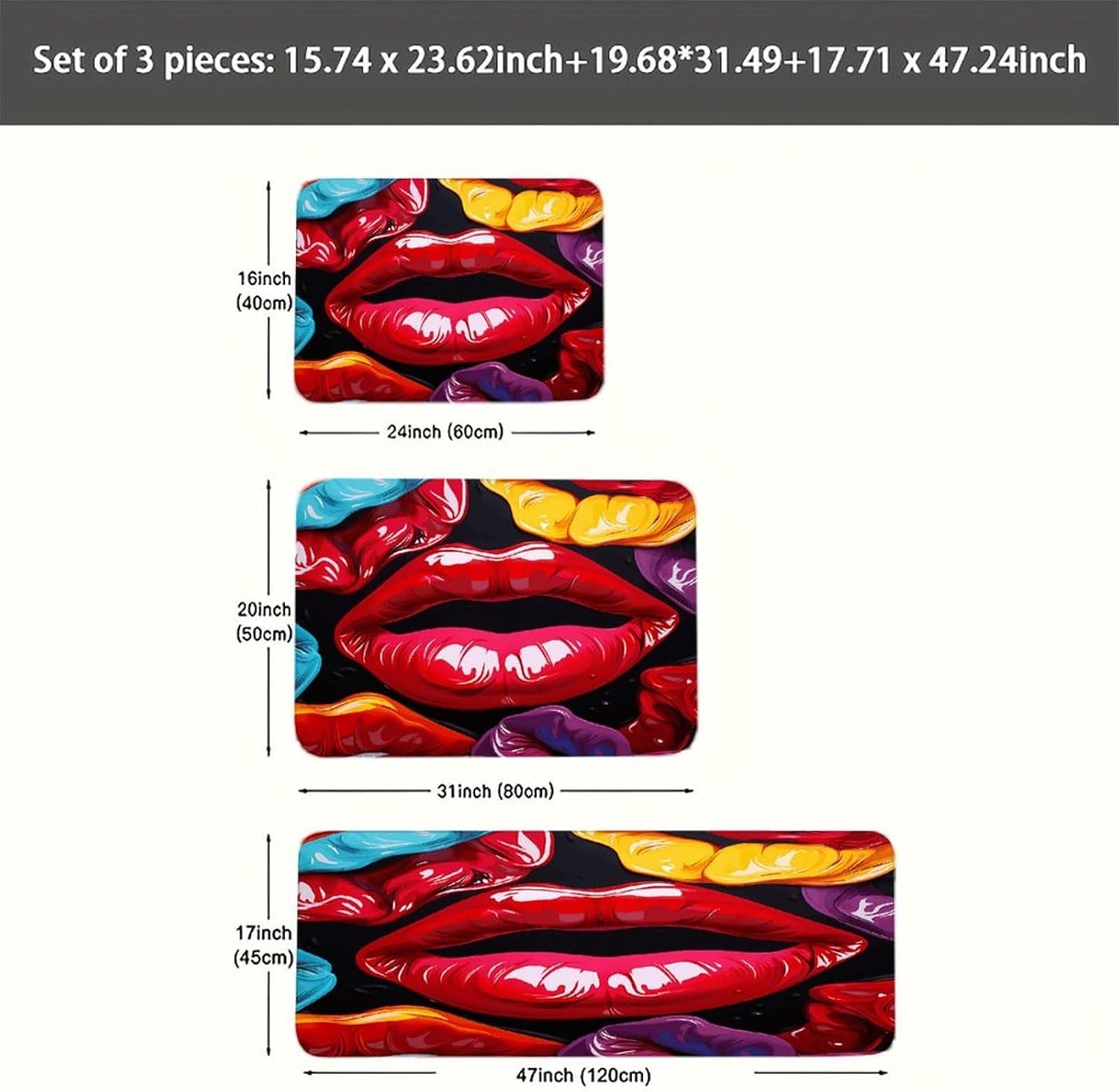 Colorful Lips Kitchen Rugs Sets of 3 Washable Non Slip Kitchen Rug Water Resistant Carpet Piece Anti Fatigue Kitchen Mats Soft Comfort Standing Mat Modern Area Rug