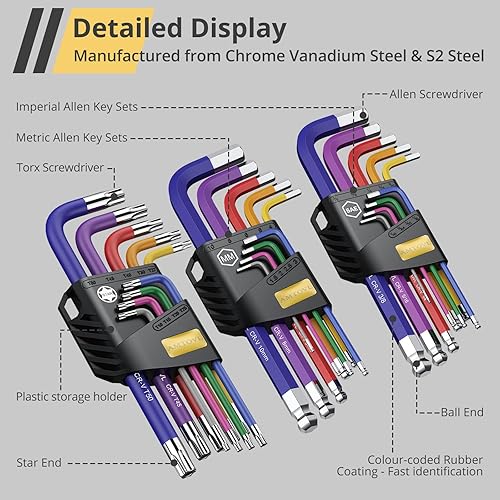 Miniatura 3 de AMTOVL Juego de llaves hexagonales, juego de llaves Allen y juego de llaves Torx, métricasimperiales, juego de 27 llaves Allen de brazo largo,