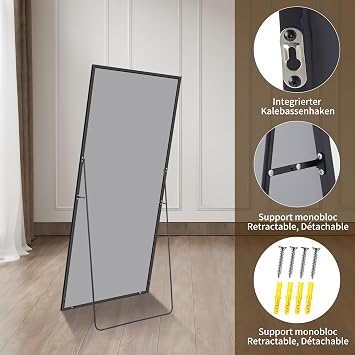 KOCUUY Rectangle Full Length Mirror, 147 x 44 cm Wall Mirrors, Free Standing Mirror Full Body with Aluminum Alloy Frame, Suitable for Bedrooms, Hallway or Cloakroom, Black