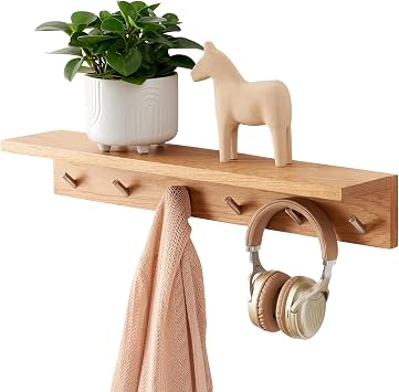 Coat Rack Shelf Wall Mounted Oak Wood Entryway Shelf with 6 Hooks Wall Coat Hook Rack with Floating Shelf for Bedroom, Living Room, Kitchen Natural, 27.5 inch