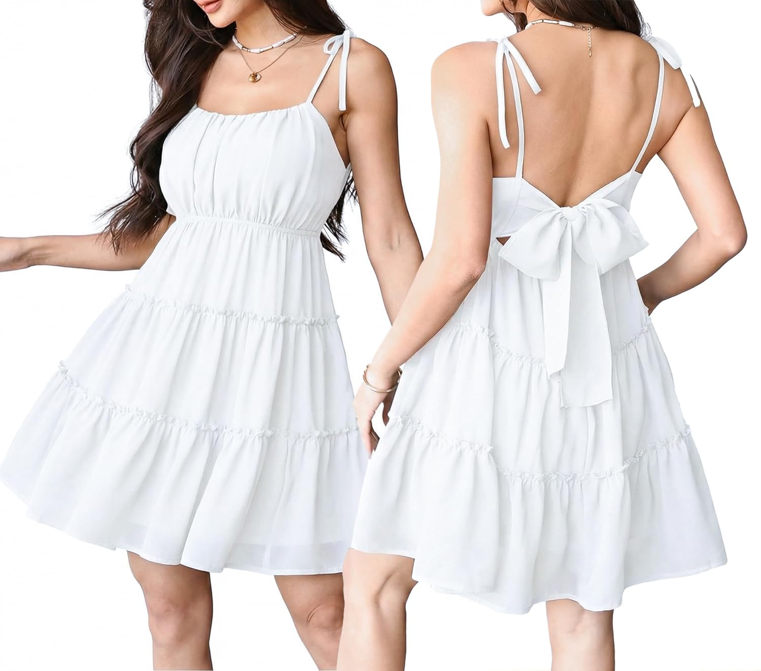 Amoretu Women's Mini A-Line Spaghetti Strap Dress Backless Bow Tie Sundress with Pockets